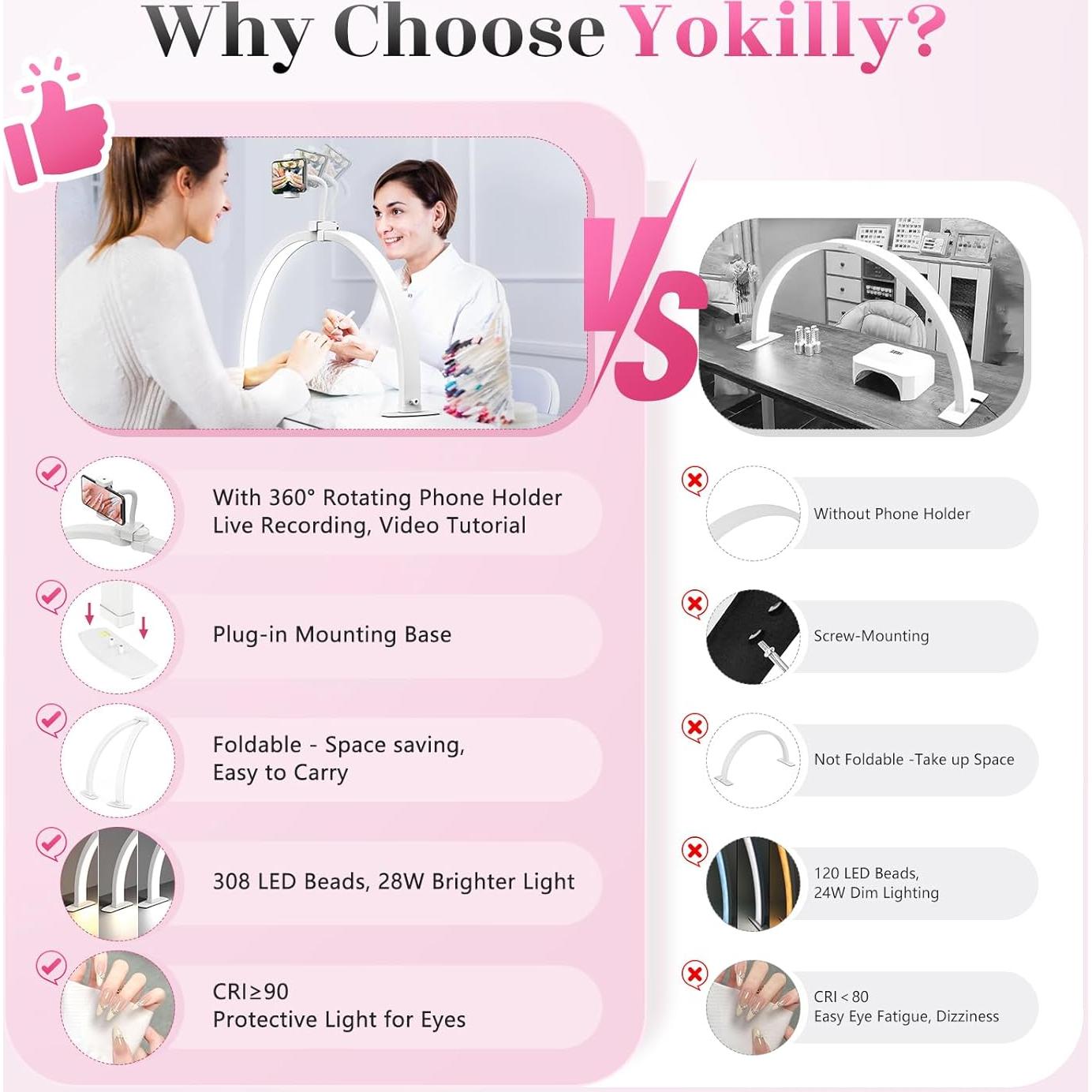 Yokilly Half Moon Light for Nail Desk: 23" Foldable Half Moon Desk Lamp with Phone Holder for Beginner - Arch Nail Tech Light with 3 Color Modes & 10 Brightness for Manicure Salon (White, Small)