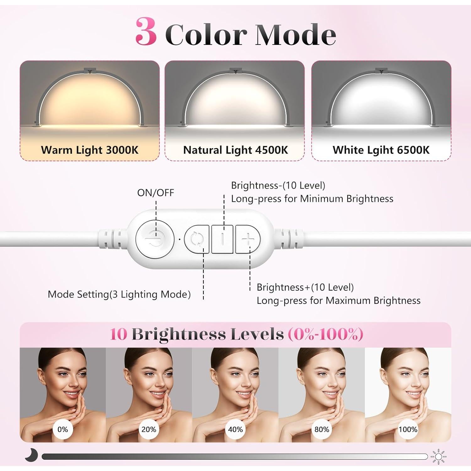 Yokilly Half Moon Light for Nail Desk: 23" Foldable Half Moon Desk Lamp with Phone Holder for Beginner - Arch Nail Tech Light with 3 Color Modes & 10 Brightness for Manicure Salon (White, Small)