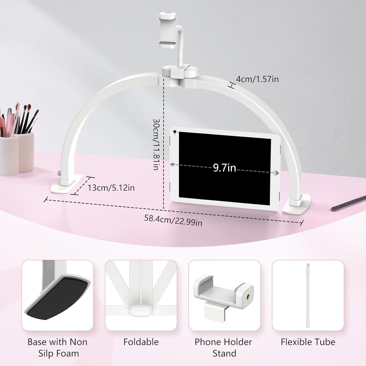 Yokilly Half Moon Light for Nail Desk: 23" Foldable Half Moon Desk Lamp with Phone Holder for Beginner - Arch Nail Tech Light with 3 Color Modes & 10 Brightness for Manicure Salon (White, Small)