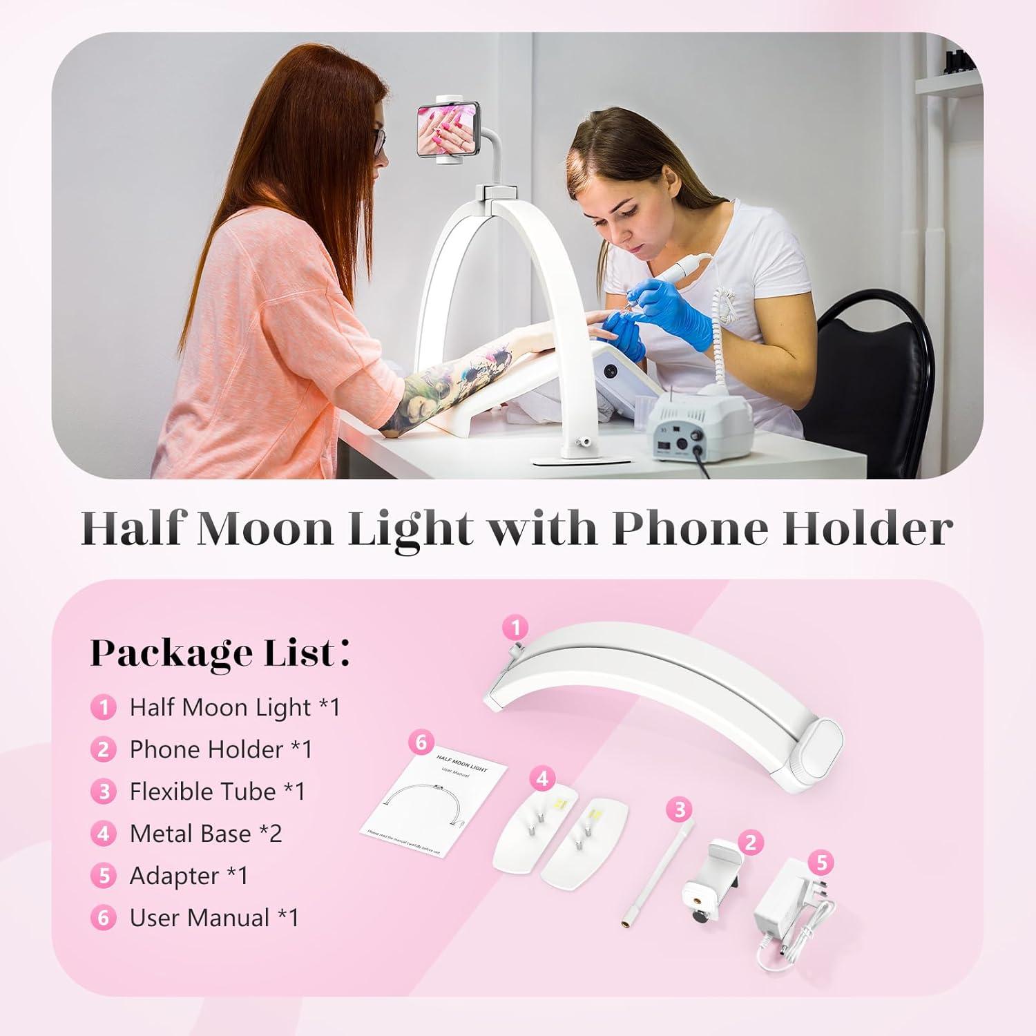 Yokilly Half Moon Light for Nail Desk: 23" Foldable Half Moon Desk Lamp with Phone Holder for Beginner - Arch Nail Tech Light with 3 Color Modes & 10 Brightness for Manicure Salon (White, Small)