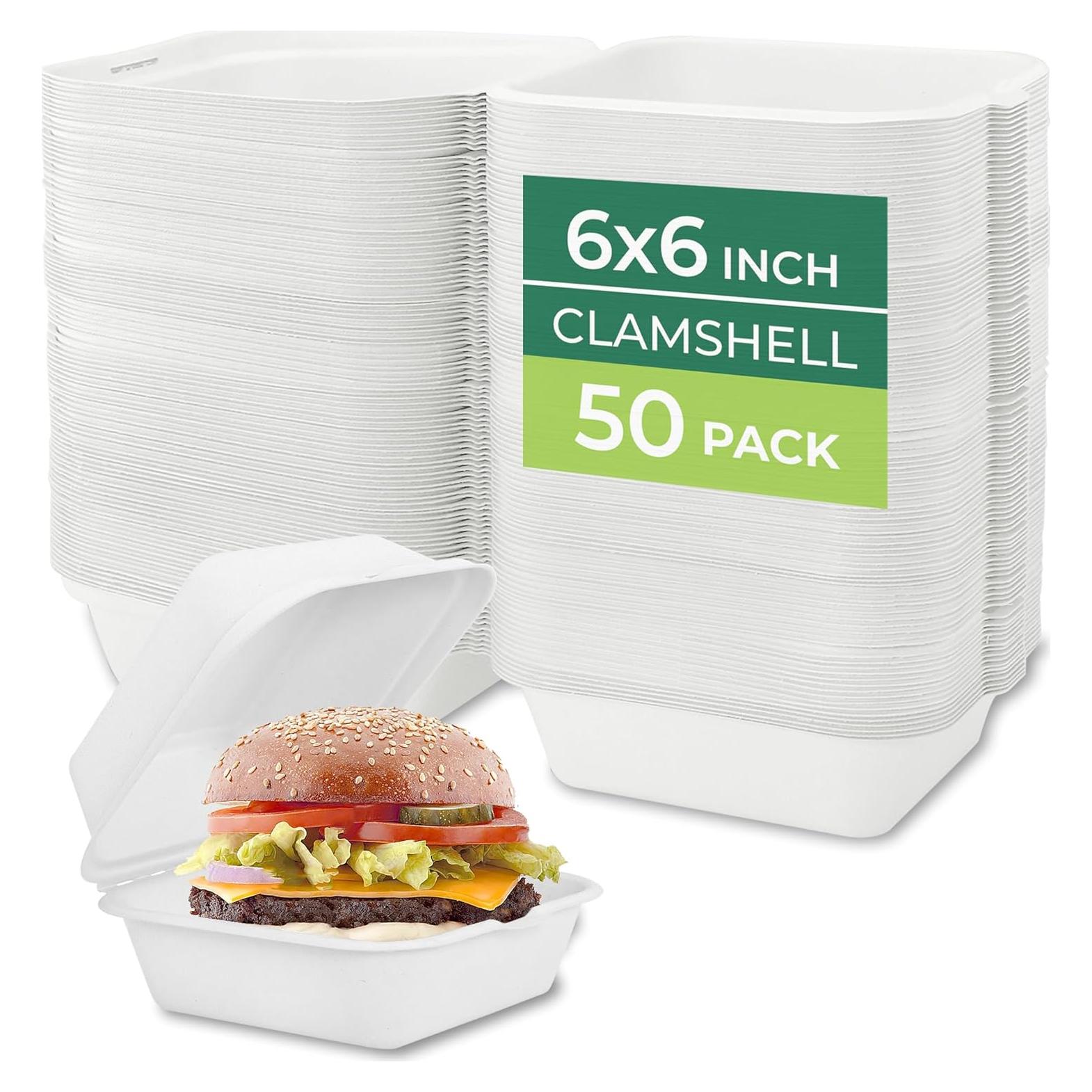 Contenedores de Comida Clamshell Freshware 6x6" 50 Pack Compostables
