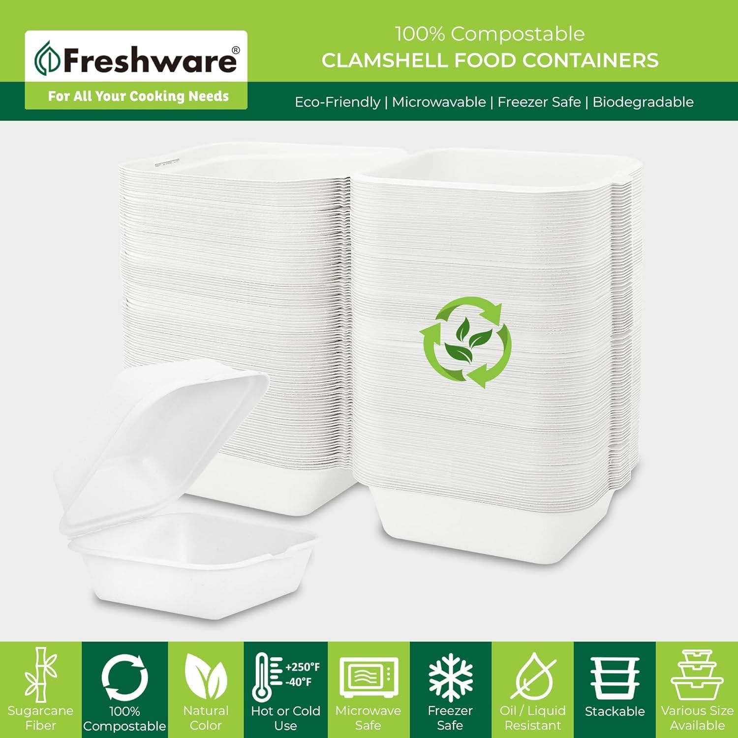 Contenedores de Comida Clamshell Freshware 6x6" 50 Pack Compostables