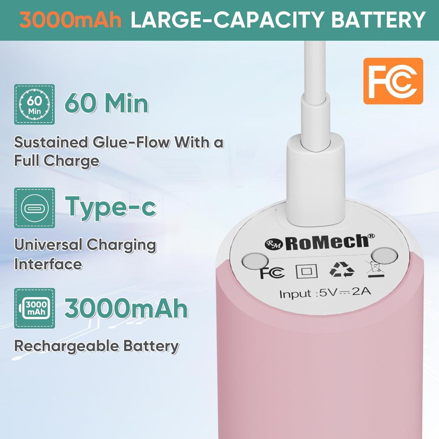Pistola de Pegamento Caliente Inalámbrica ROMECH 3000mAh Rosa