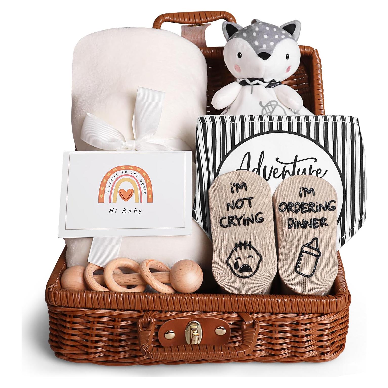 Canasta de Regalos para Bebé iAOVUEBY - Manta, Baberos, Sonajero