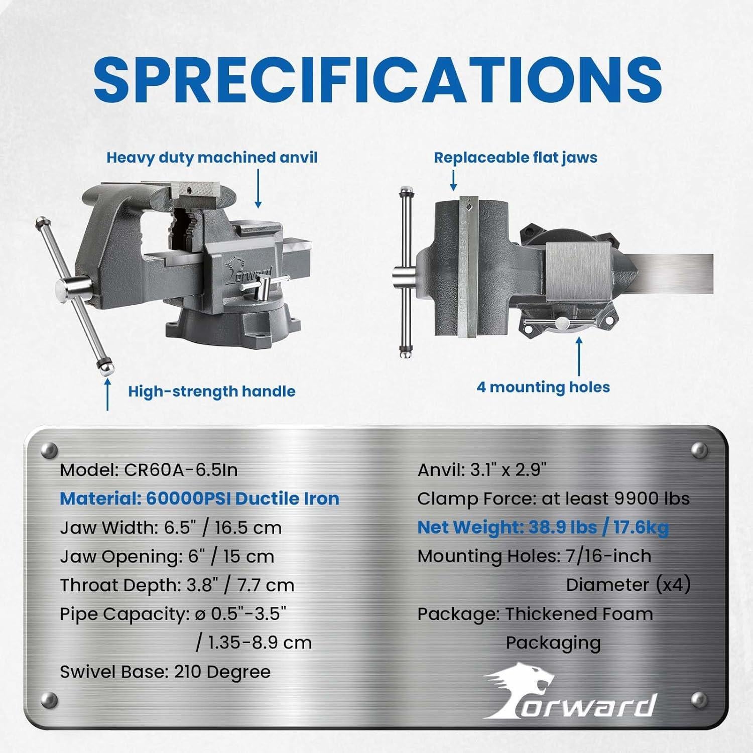 Prensa de Banco Forward CR60A 6.5" Hierro Dúctil Pesada