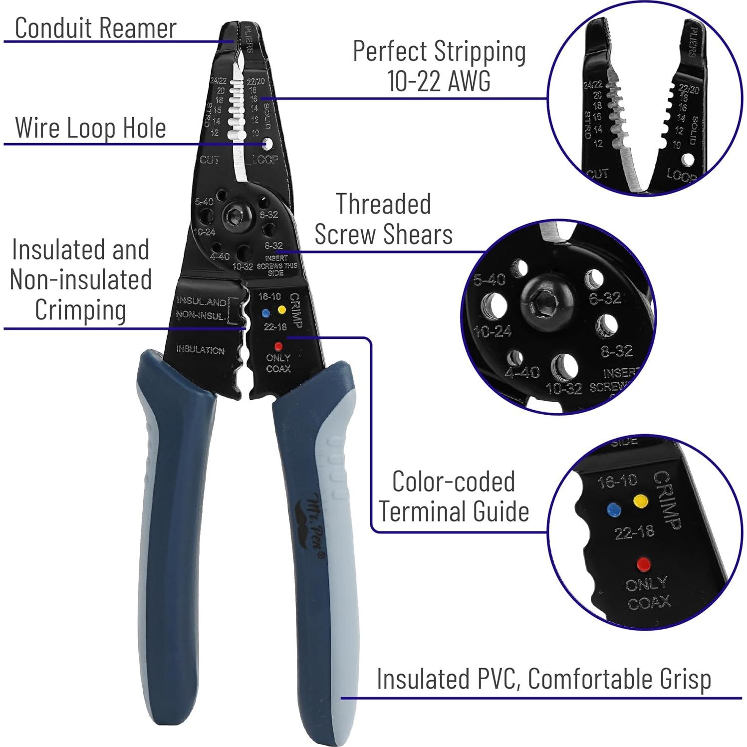 Desforrador de Cables Mr. Pen 20.32 cm Azul - Cortador Ergonómico