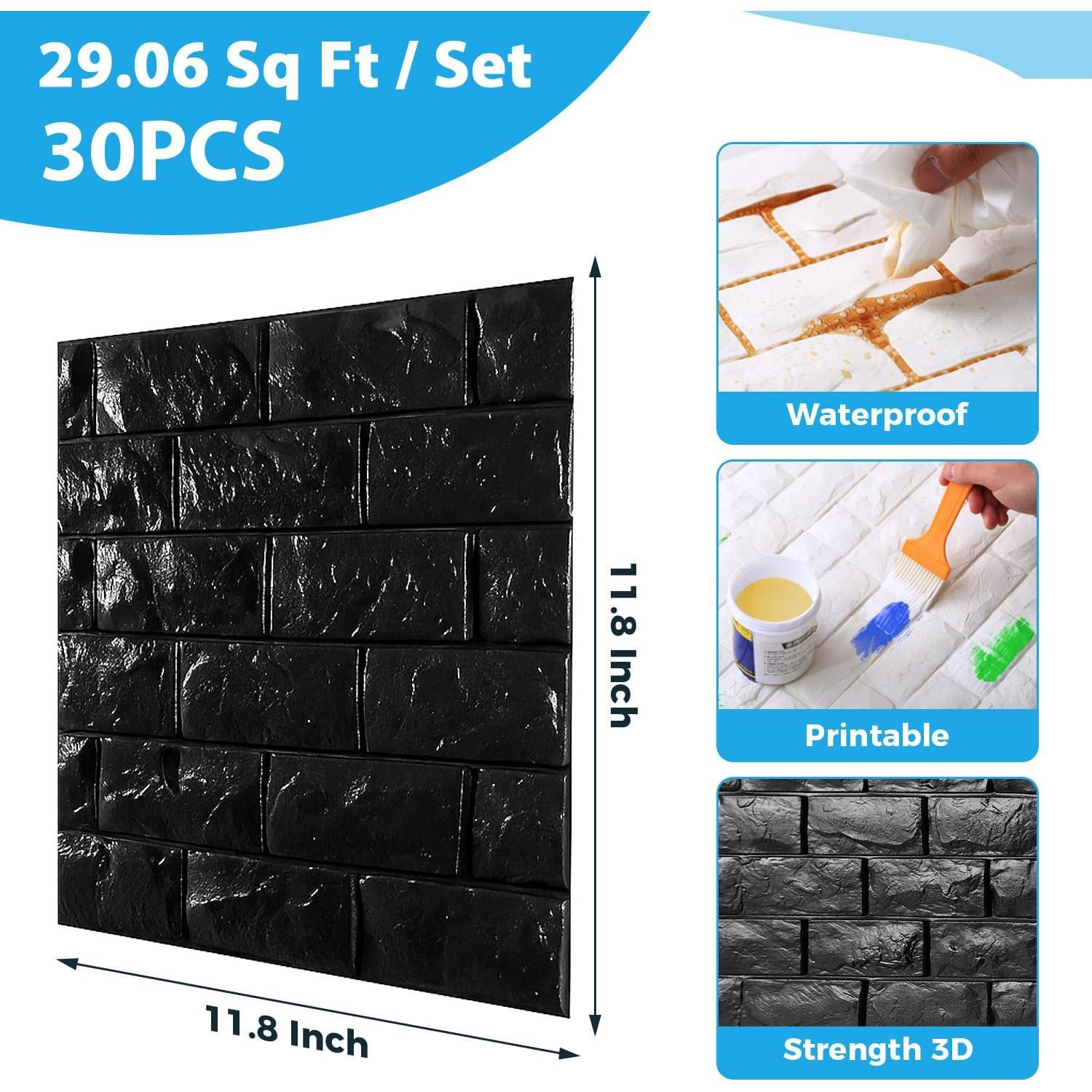Paneles de Pared 3D Autoadhesivos Circloophs 30 Pcs Ladrillo Negro