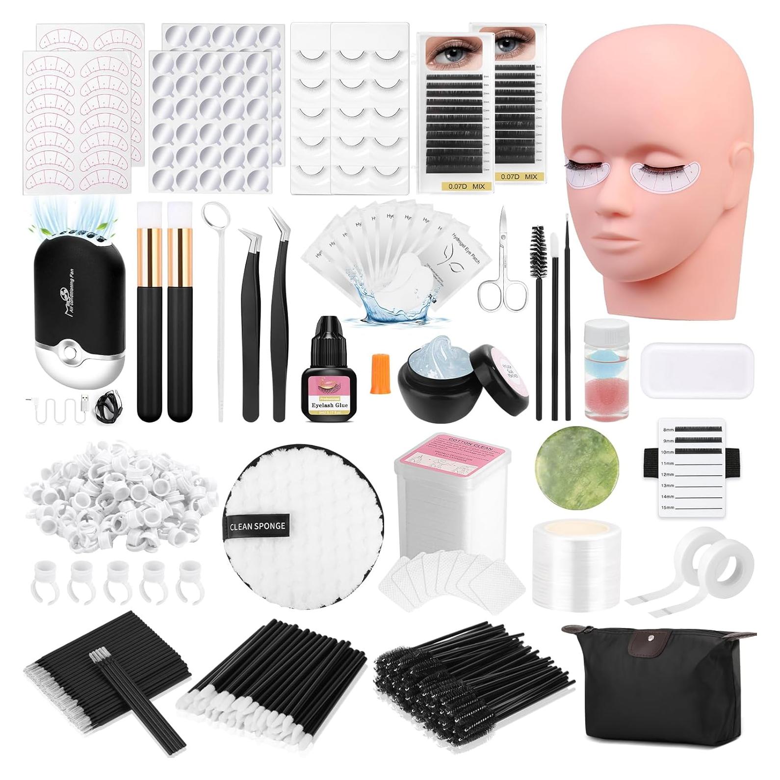 Lashes Kit for Eyelash Extension Beginner Lash Tech Starter Kit with Eye Lash Mannequin Head, Professional Eyelash Extension Kit with Lash Fan, Extension Glue and Eyelash Remover for Practice Training