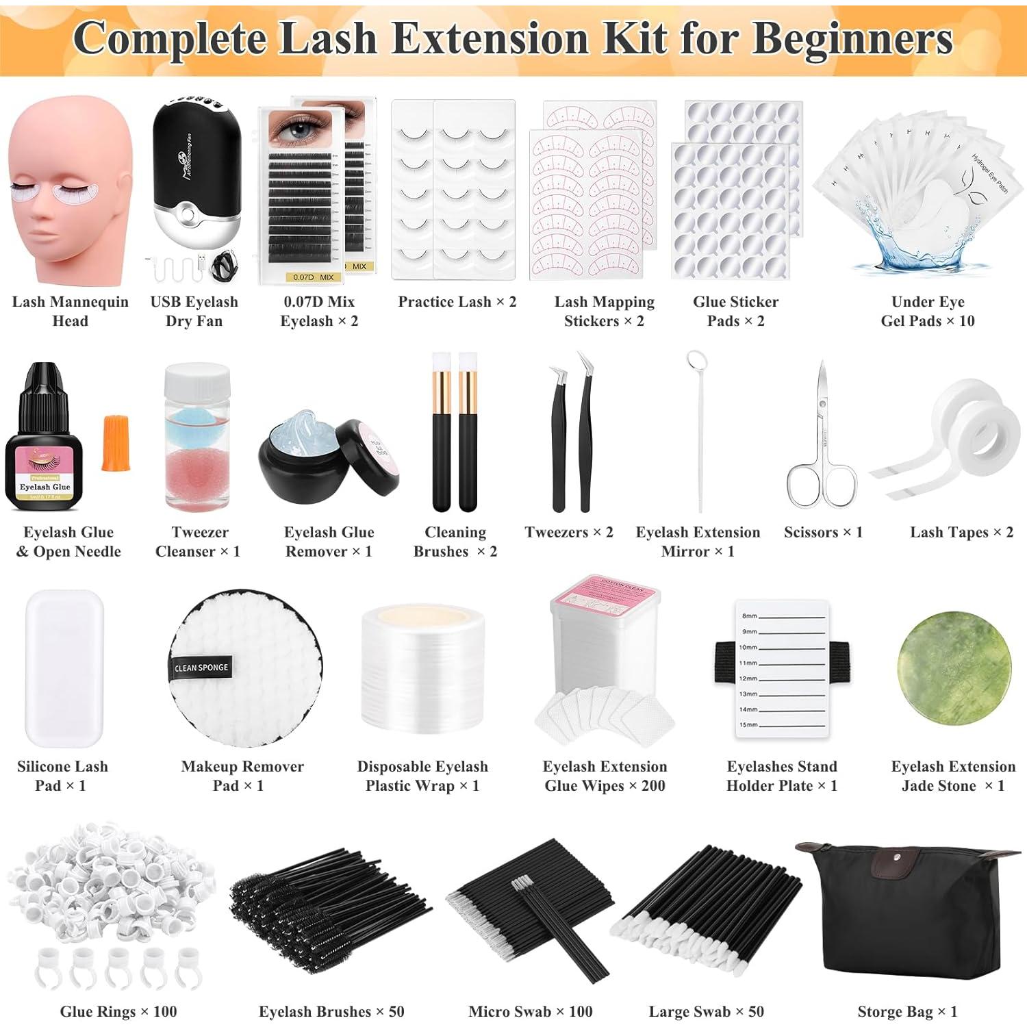 Lashes Kit for Eyelash Extension Beginner Lash Tech Starter Kit with Eye Lash Mannequin Head, Professional Eyelash Extension Kit with Lash Fan, Extension Glue and Eyelash Remover for Practice Training