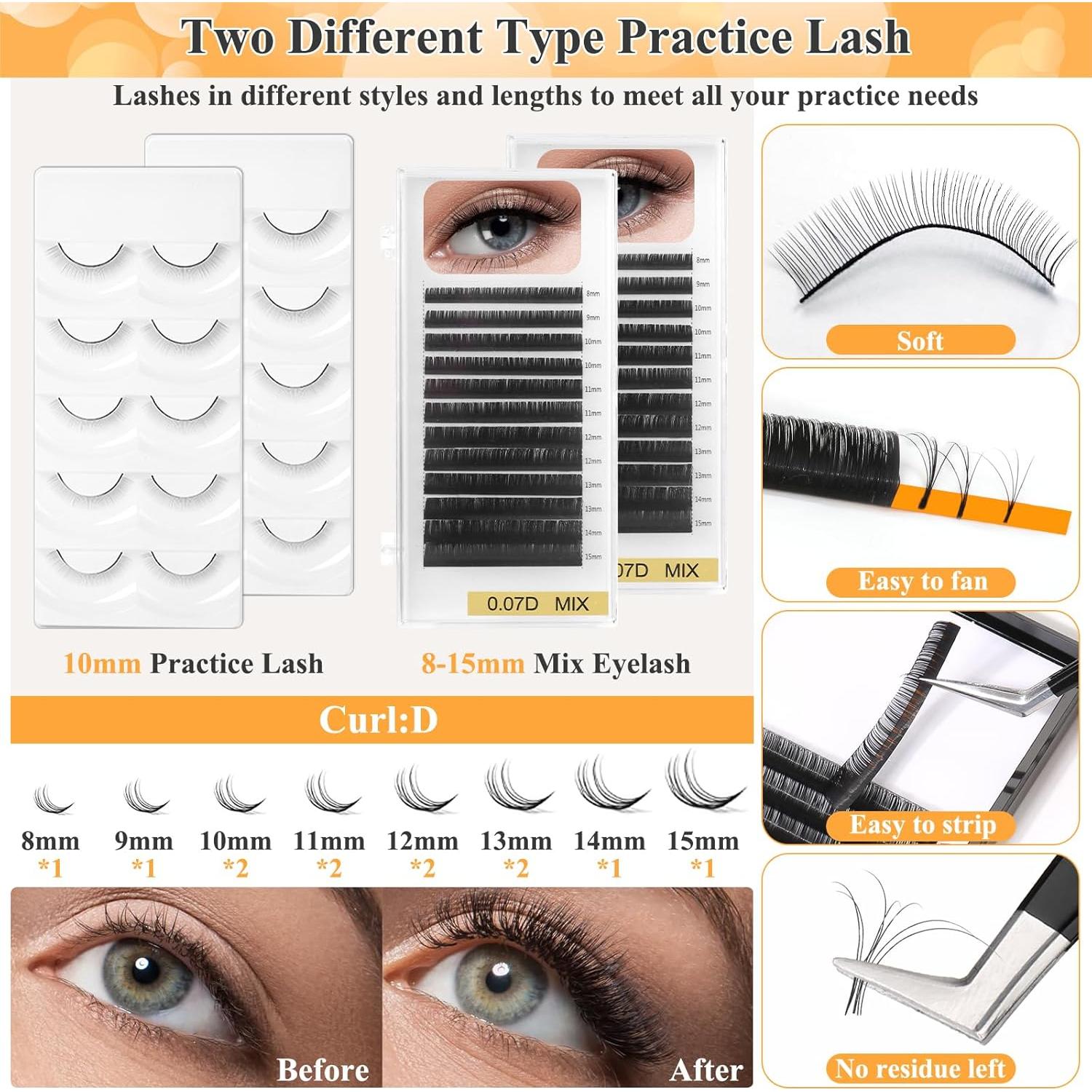 Lashes Kit for Eyelash Extension Beginner Lash Tech Starter Kit with Eye Lash Mannequin Head, Professional Eyelash Extension Kit with Lash Fan, Extension Glue and Eyelash Remover for Practice Training