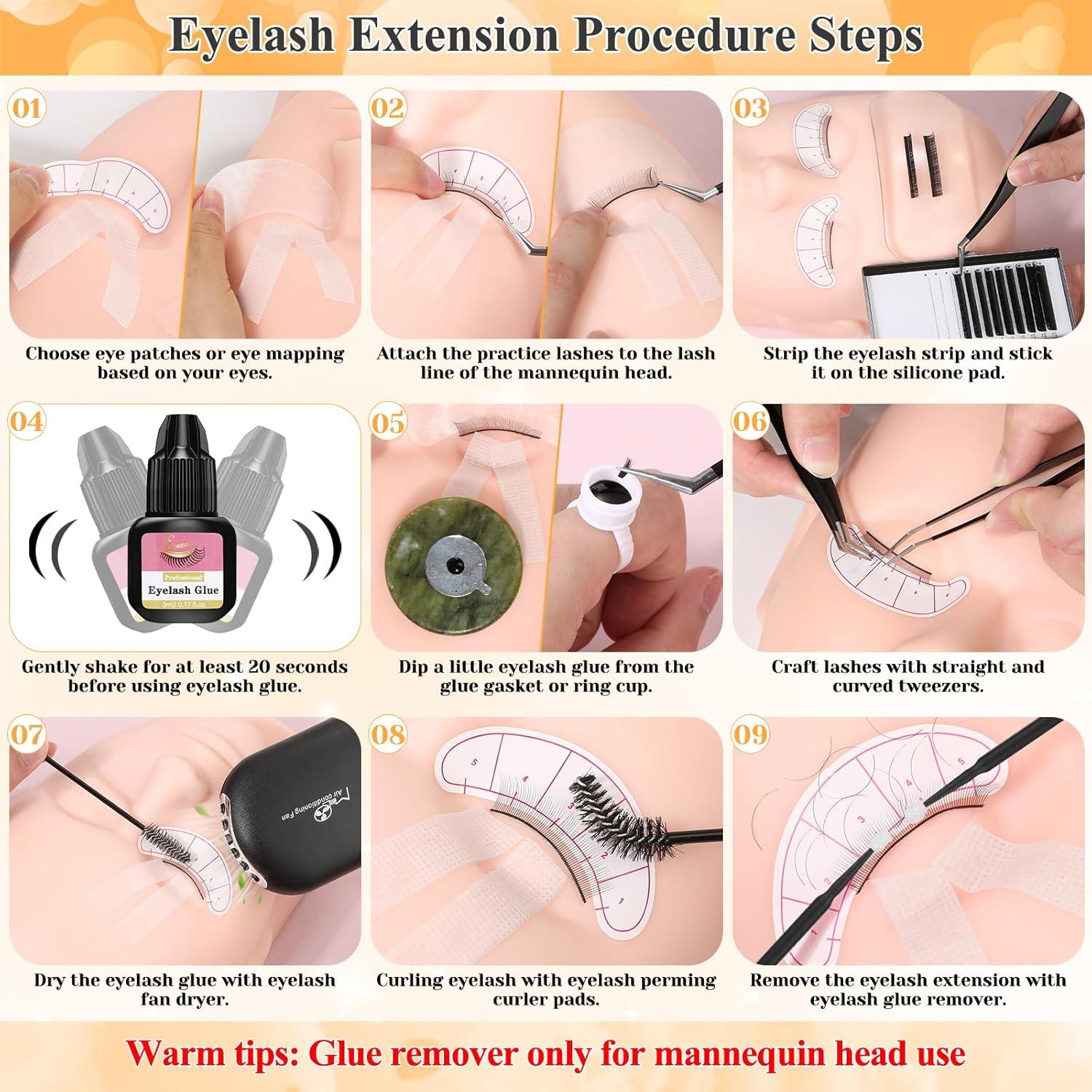 Lashes Kit for Eyelash Extension Beginner Lash Tech Starter Kit with Eye Lash Mannequin Head, Professional Eyelash Extension Kit with Lash Fan, Extension Glue and Eyelash Remover for Practice Training