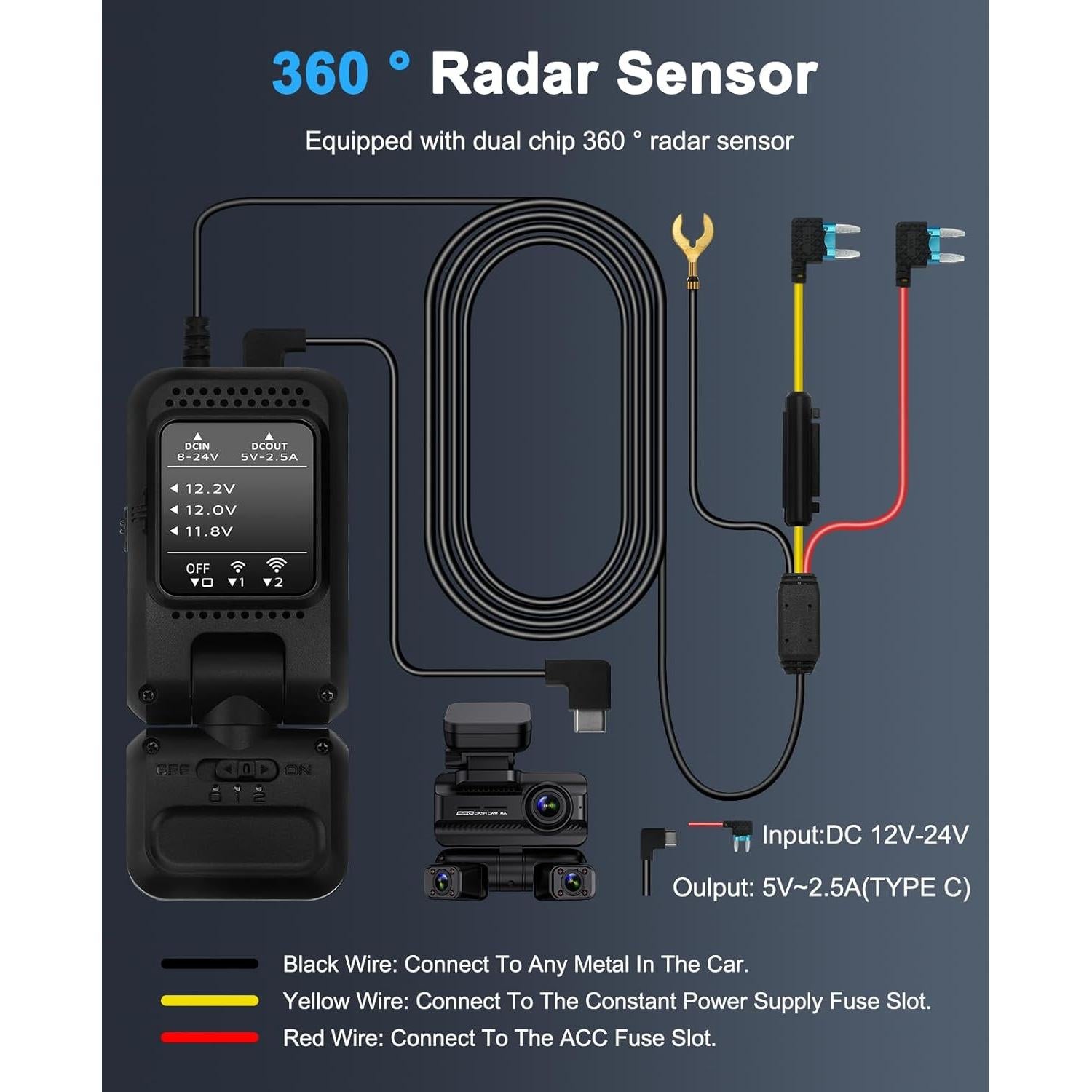 Kit de Cableado Duro ZYEIPO para Cámara de Tablero 12V-24V