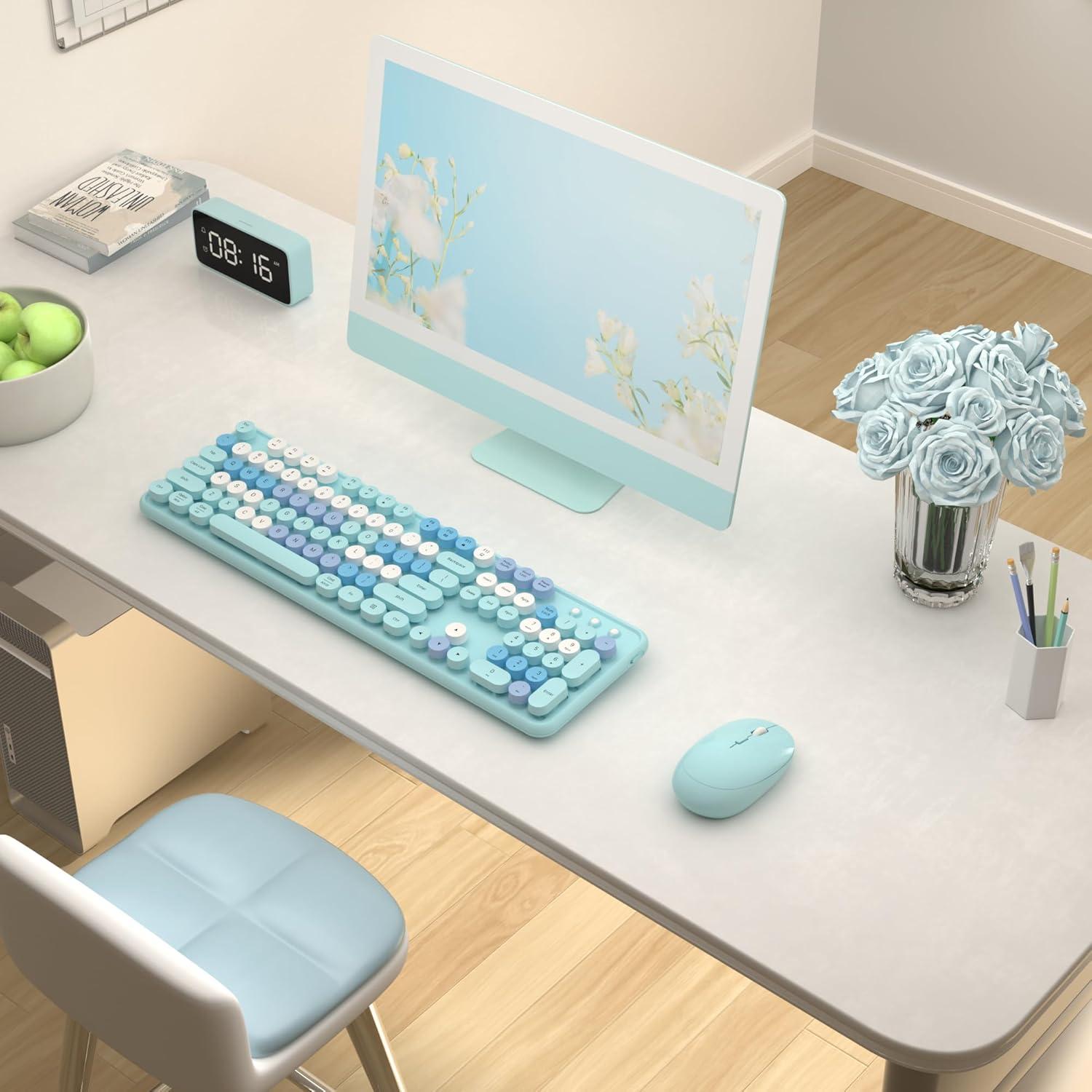 Combo Teclado y Ratón Inalámbrico COVEVA Azul Retro 104 Teclas