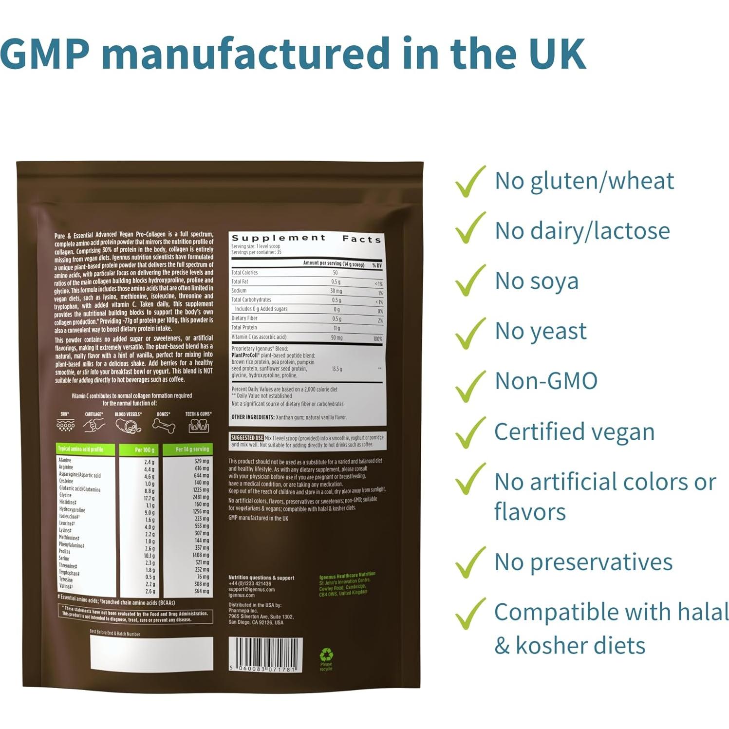 Polvo de Péptidos de Colágeno Vegano Igennus 0.49kg Vainilla