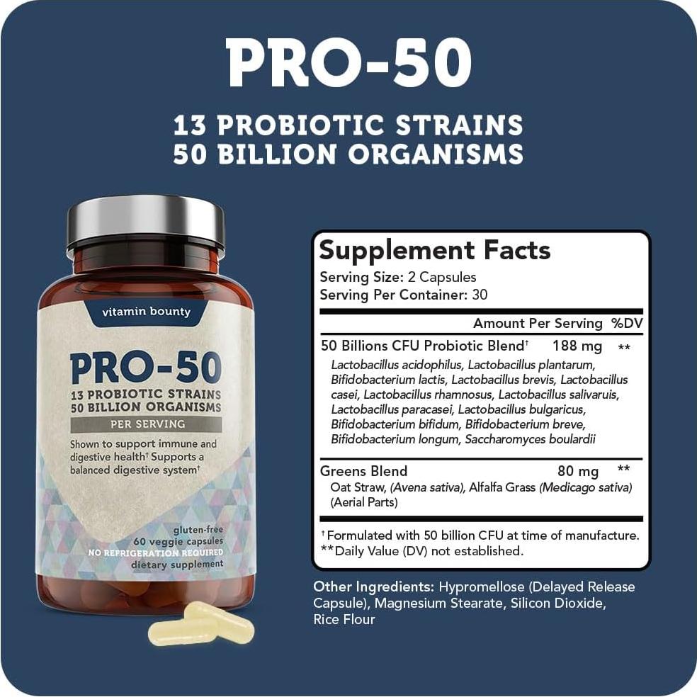 Pro-50 Probioticos Vitamin Bounty 50 Mil Millones CFU 60 Caps