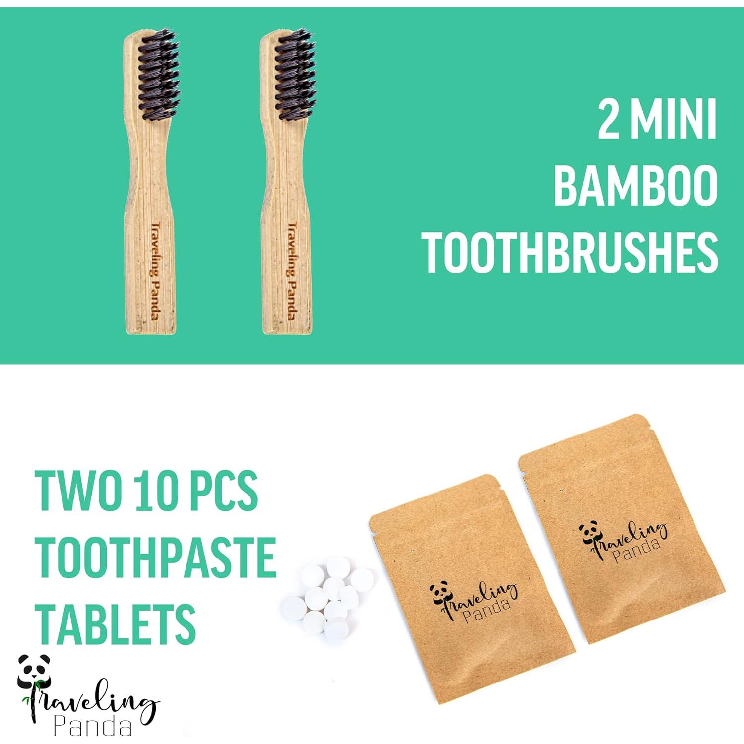 Kit de Cepillo de Dientes de Bambú de Viaje con 2 Cepillos y 20 Tabletas de Menta
