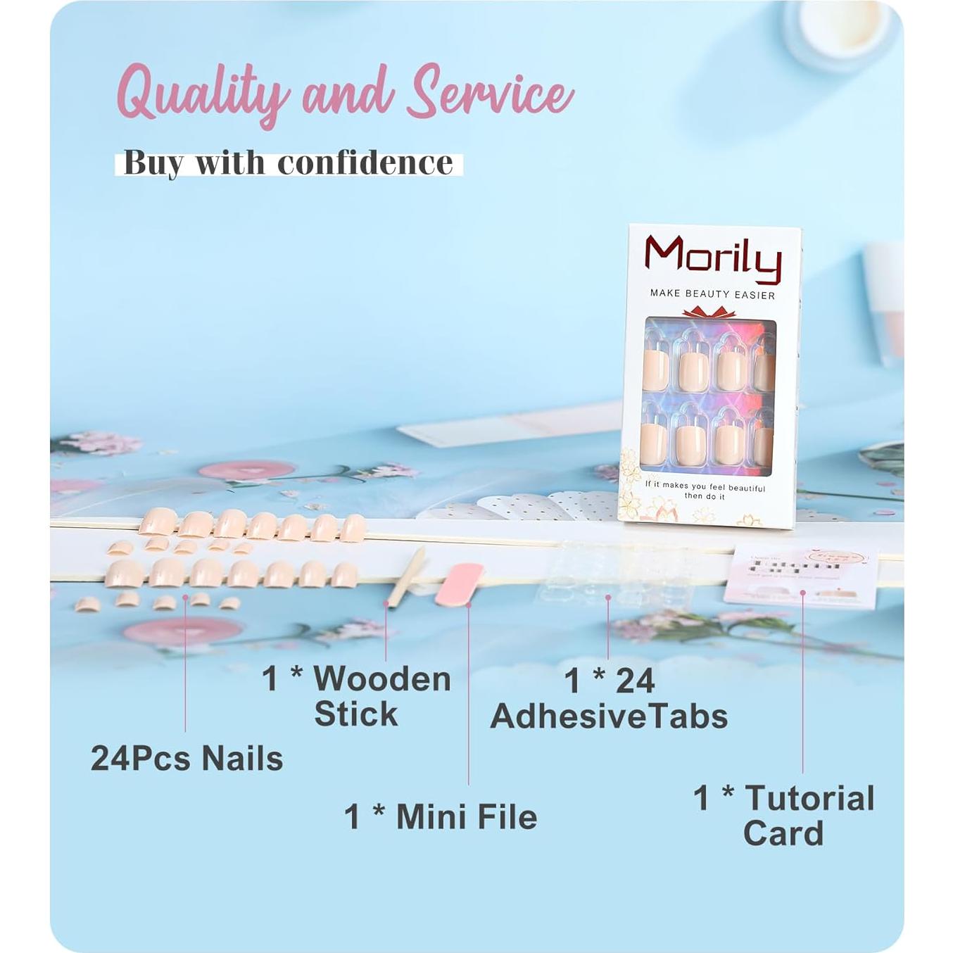 Uñas Postizas Morily Cortas Cuadradas Nude Brillantes - 24 Piezas