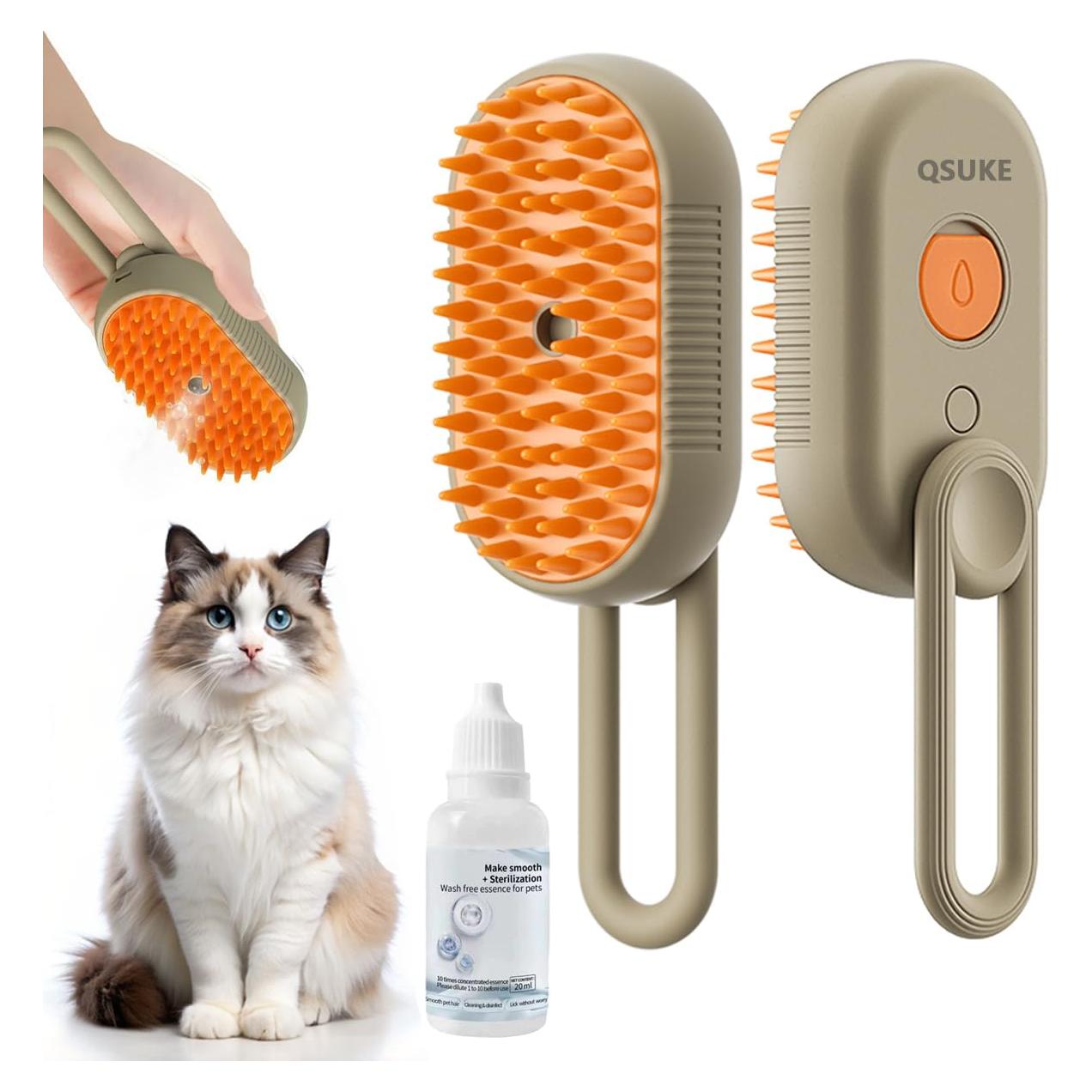 Cepillo de Vapor 3 en 1 QSUKE para Gatos y Perros Caqui