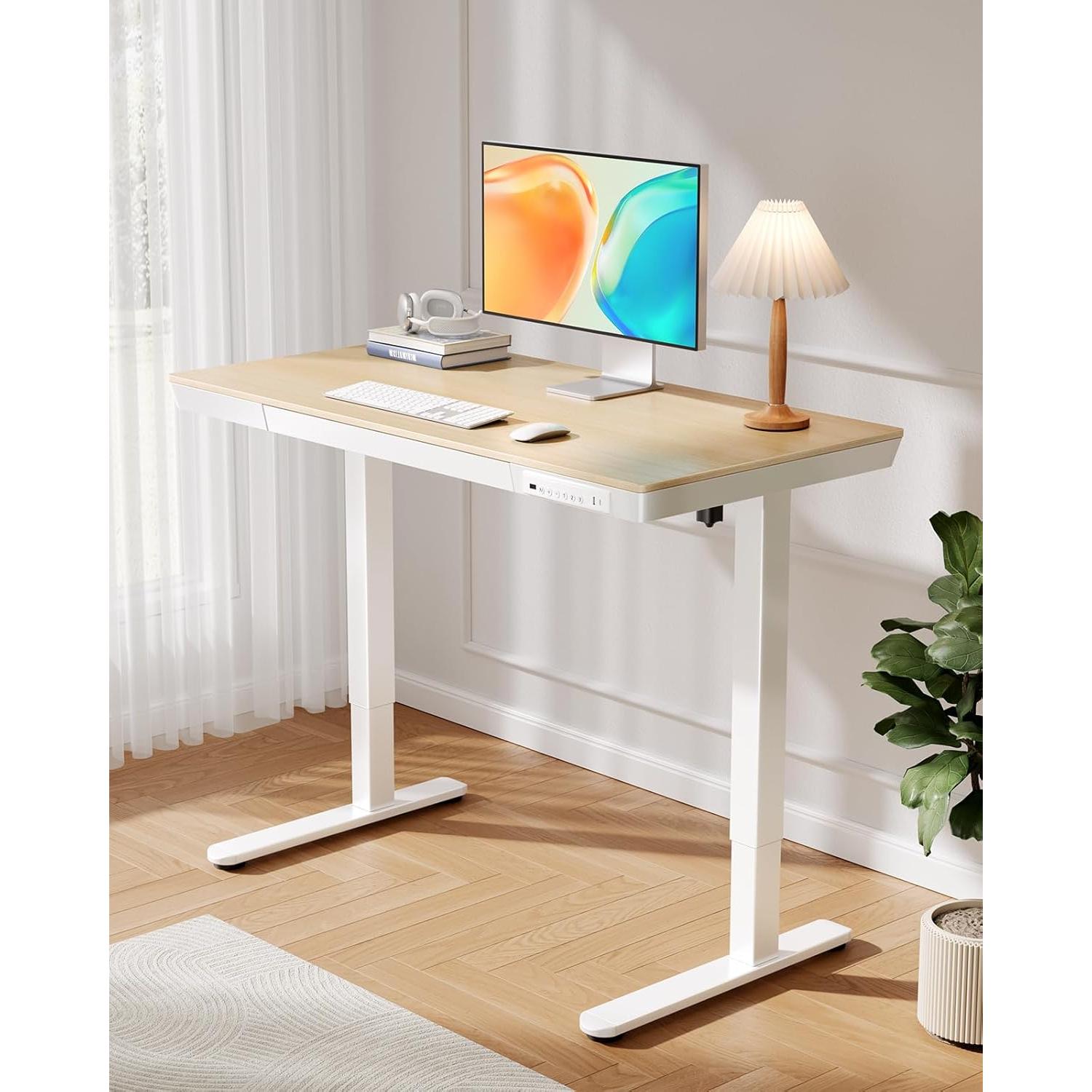 ErGear Electric Standing Desk with Drawers & USB Charging Ports, 48 x 24 Wood Height Adjustable Desk Whole Piece Home Office Computer Desk, Natural