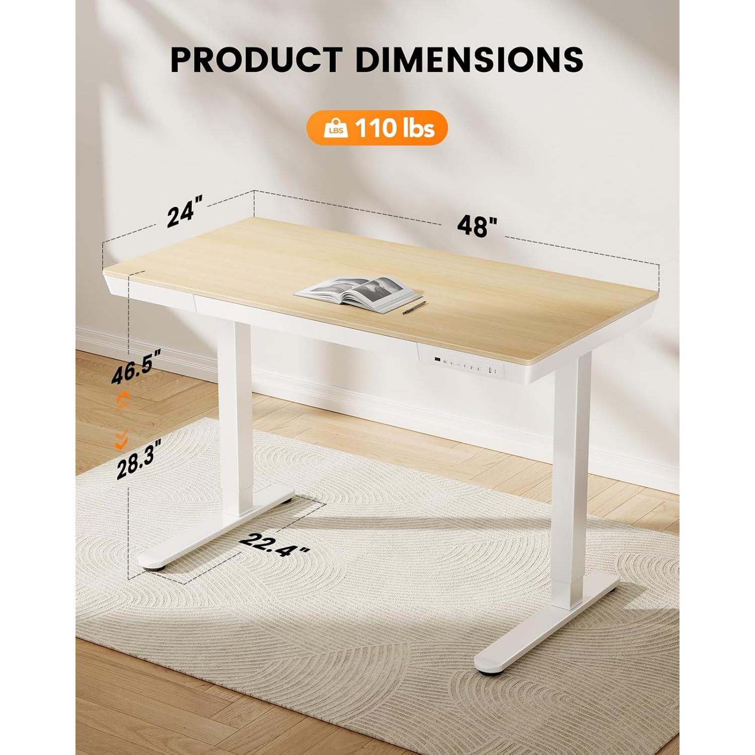 ErGear Electric Standing Desk with Drawers & USB Charging Ports, 48 x 24 Wood Height Adjustable Desk Whole Piece Home Office Computer Desk, Natural