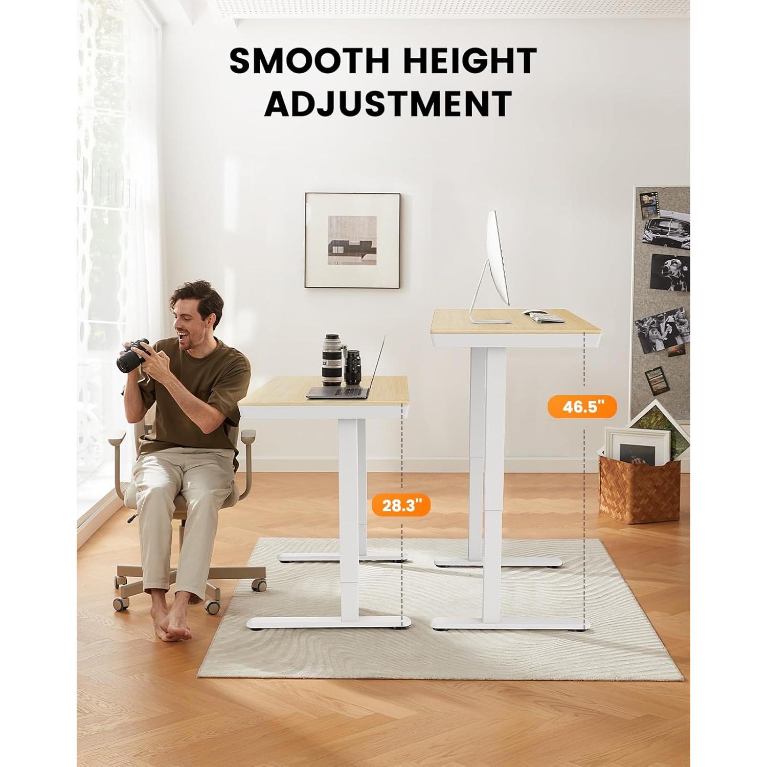 ErGear Electric Standing Desk with Drawers & USB Charging Ports, 48 x 24 Wood Height Adjustable Desk Whole Piece Home Office Computer Desk, Natural