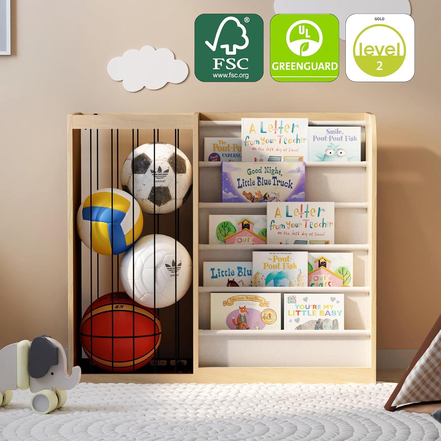 NACHES Kids Bookshelf & Stuffed Animal Net Holder 5 Tier Sling Bookshelf and Plush Toy Storage Organizer with Elastic Cord Montessori Toddler Bookcase for Kids Rooms Playroom Bedroom Nursery, Natural