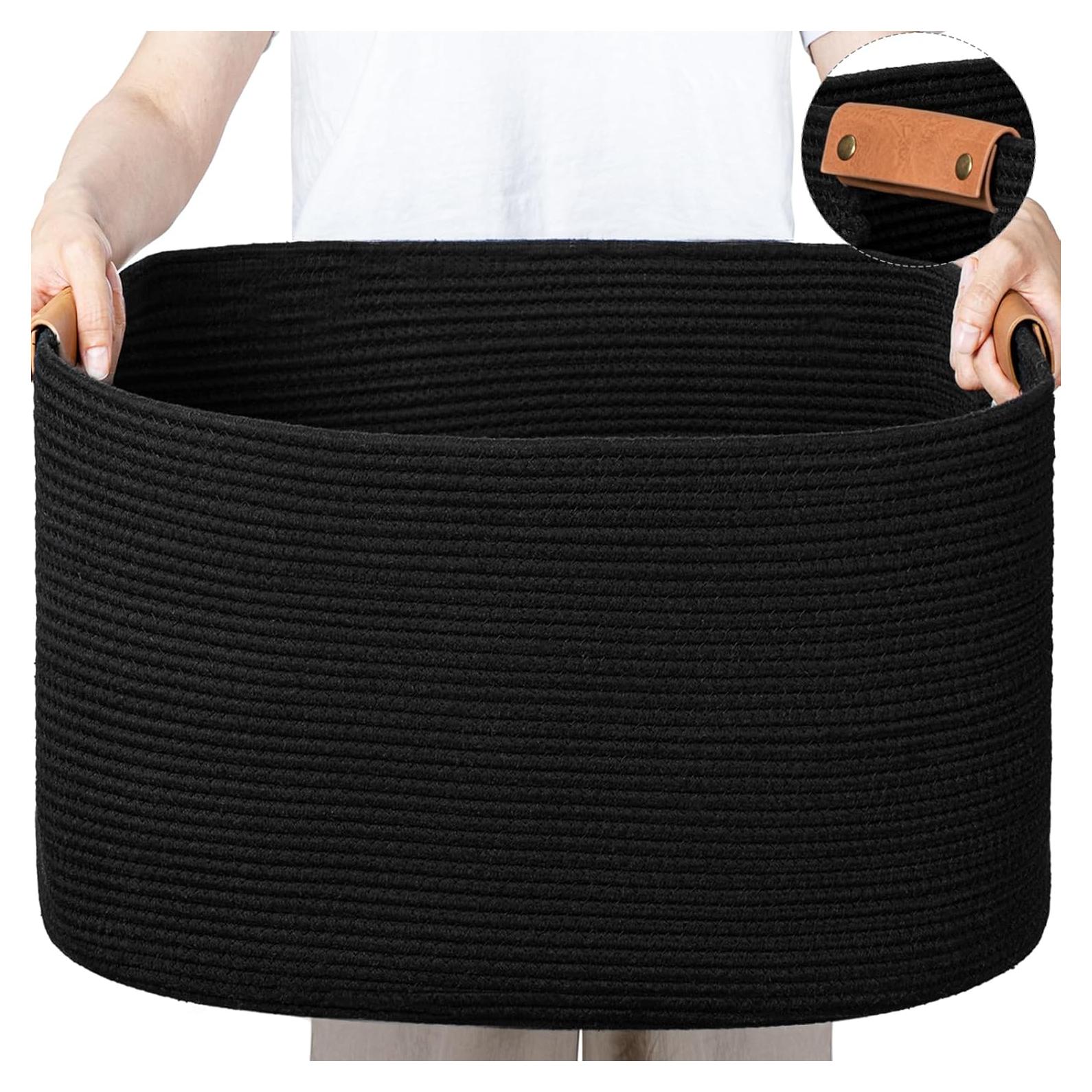 Canasta Tejida Grande danpinera 108L Algodón Negro con Asa de Cuero