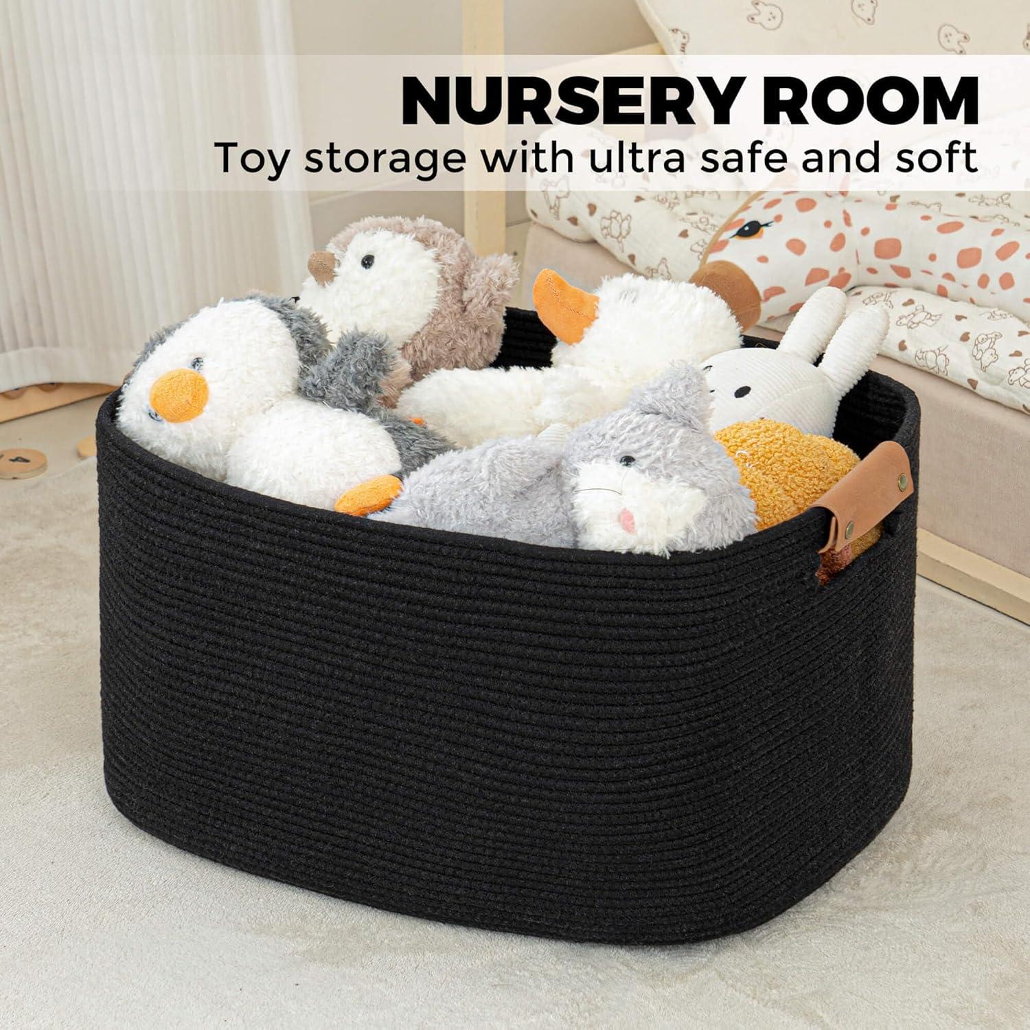 Canasta Tejida Grande danpinera 108L Algodón Negro con Asa de Cuero