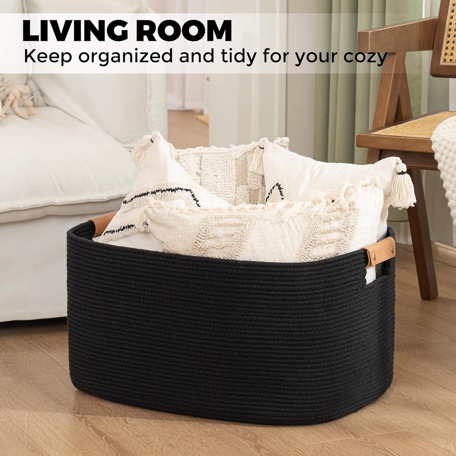 Canasta Tejida Grande danpinera 108L Algodón Negro con Asa de Cuero