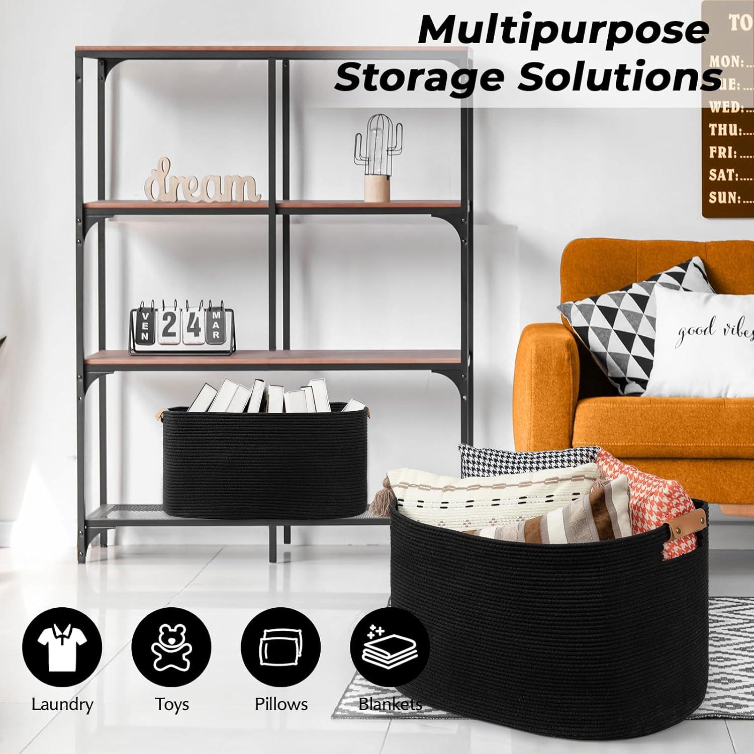 Canasta Tejida Grande danpinera 108L Algodón Negro con Asa de Cuero