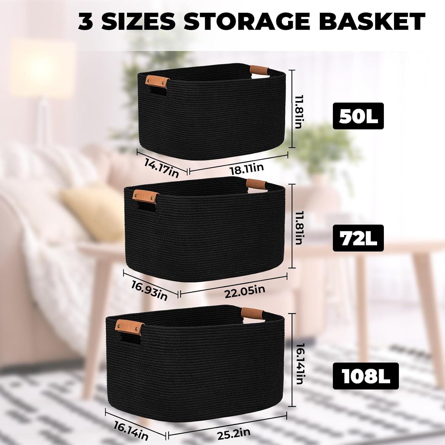 Canasta Tejida Grande danpinera 108L Algodón Negro con Asa de Cuero