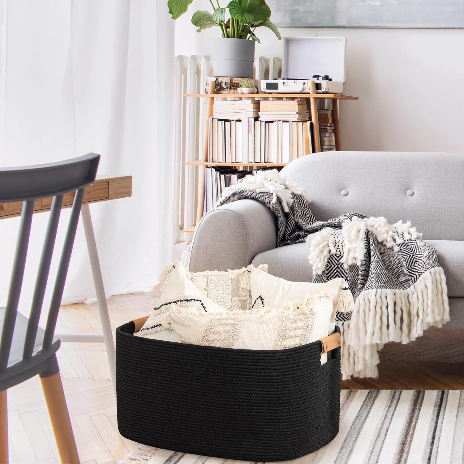 Canasta Tejida Grande danpinera 108L Algodón Negro con Asa de Cuero