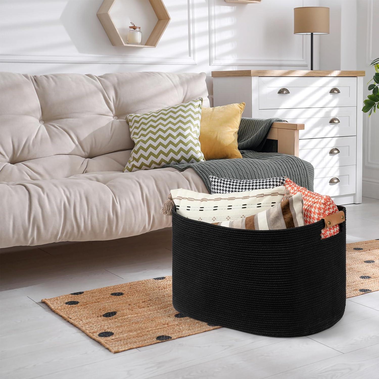 Canasta Tejida Grande danpinera 108L Algodón Negro con Asa de Cuero