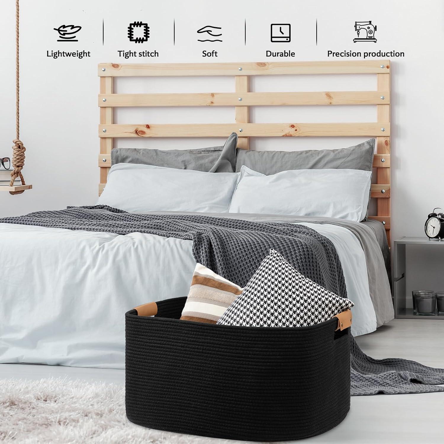 Canasta Tejida Grande danpinera 108L Algodón Negro con Asa de Cuero