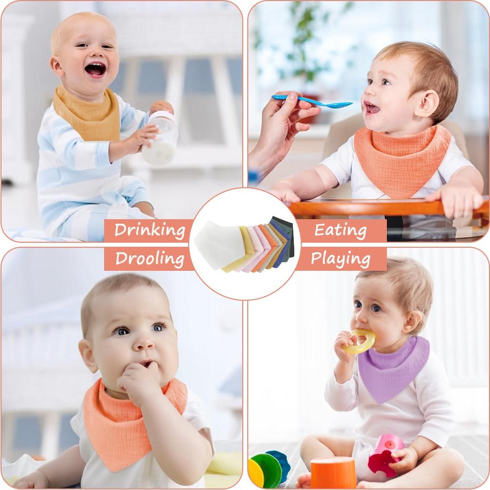 Muslin Baby Bibs, 10PCS Baby Bandana Drool Bibs, 100% Soft Anti-Penetration Snap Muslin Cotton Bib for Girls and Boys, Strong Water Absorption for Drooling and Teething