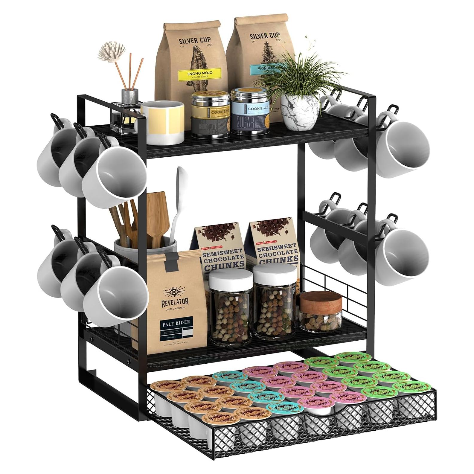 Organizador de Bar de Café OGEMXU Negro con 3 Niveles y Ganchos