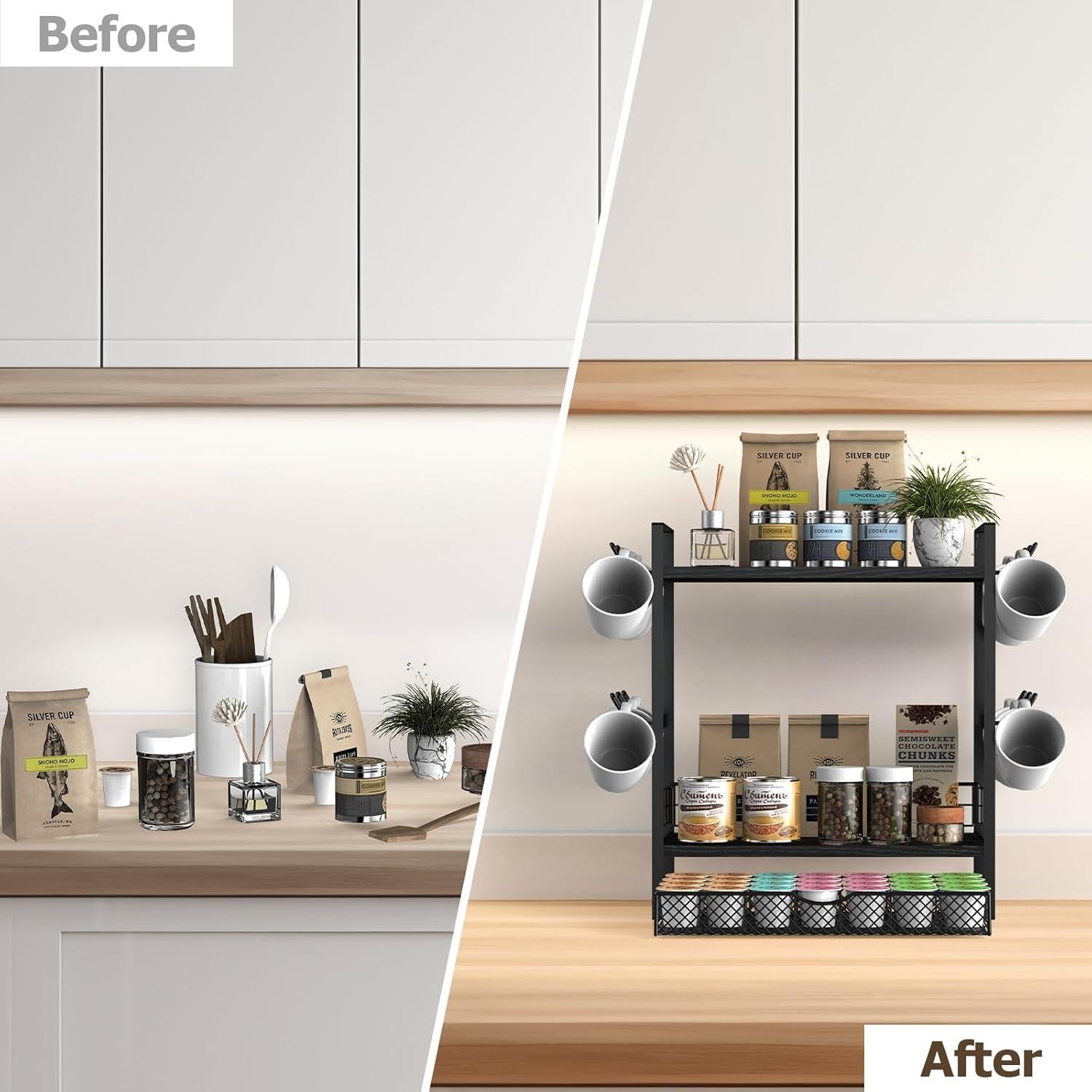 Organizador de Bar de Café OGEMXU Negro con 3 Niveles y Ganchos