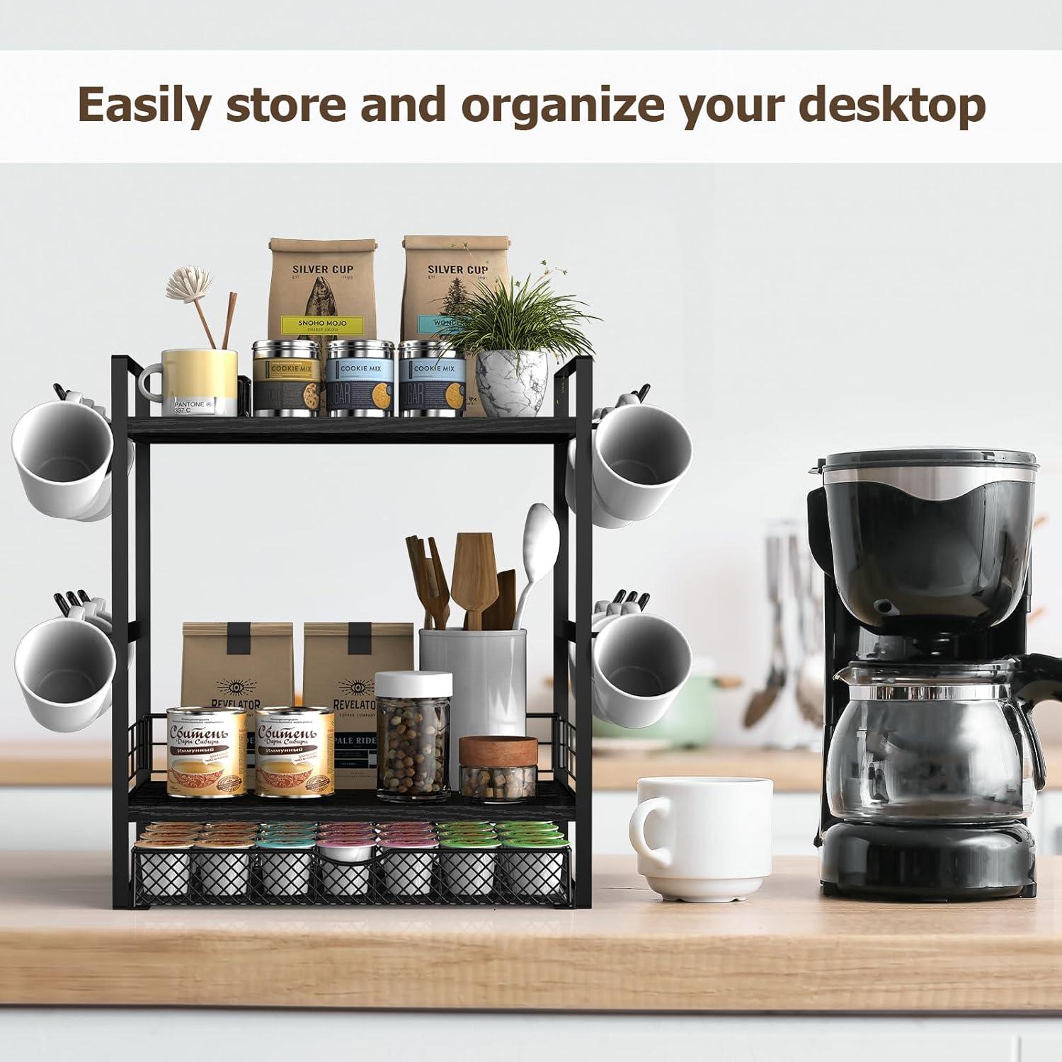 Organizador de Bar de Café OGEMXU Negro con 3 Niveles y Ganchos