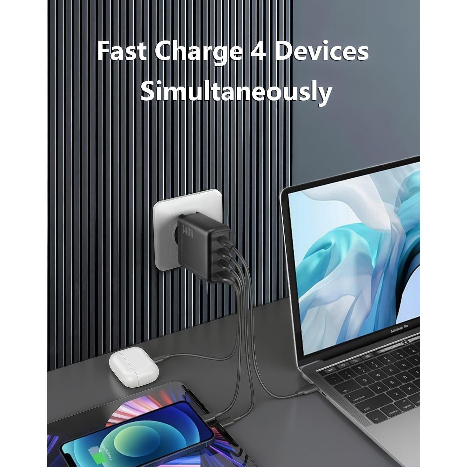 Cargador USB C 140W Witter, Adaptador Plegable 4 Puertos