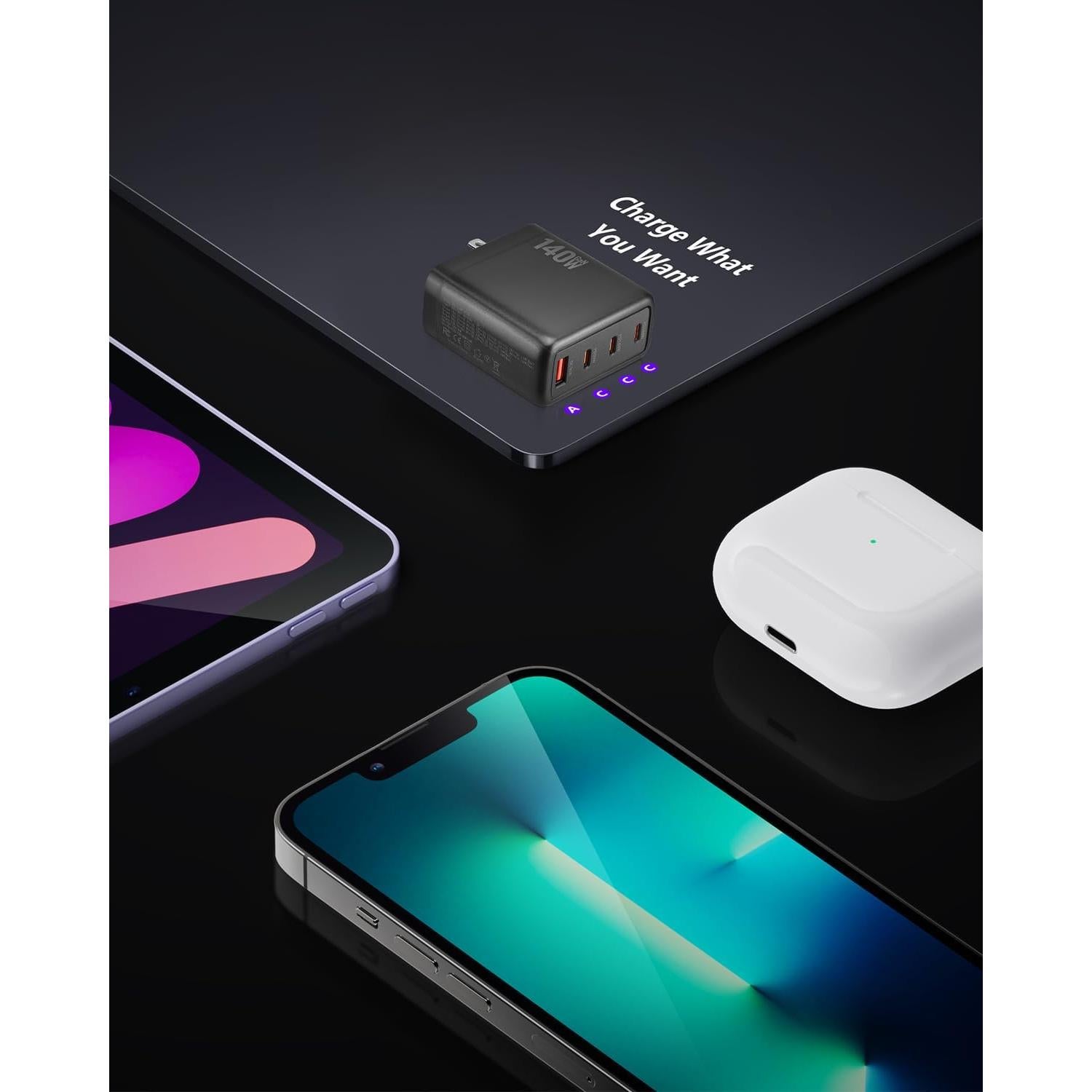 Cargador USB C 140W Witter, Adaptador Plegable 4 Puertos