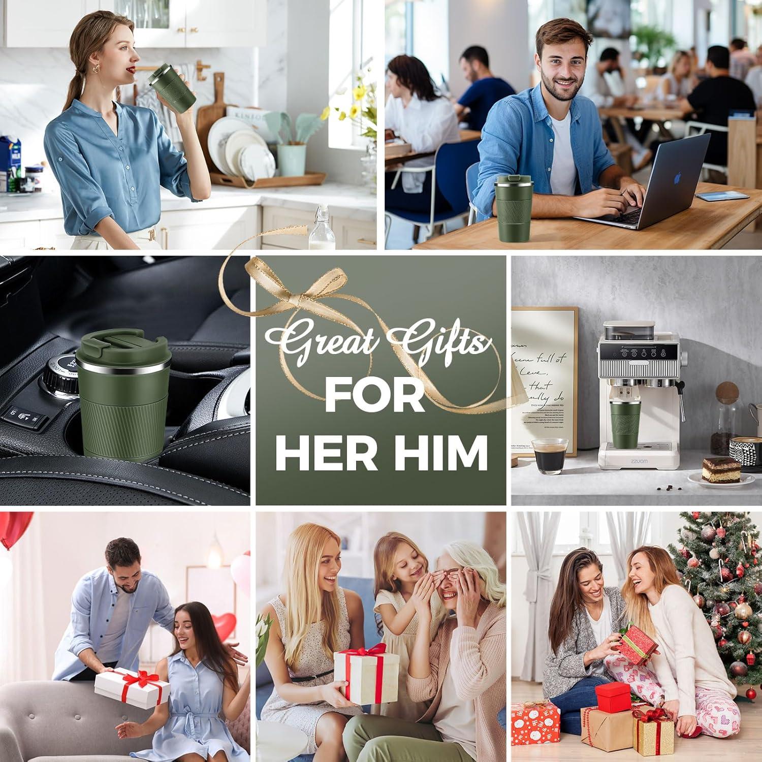 Taza de Café Aislada Volhoply 13 oz Verde Militar Doble Pared