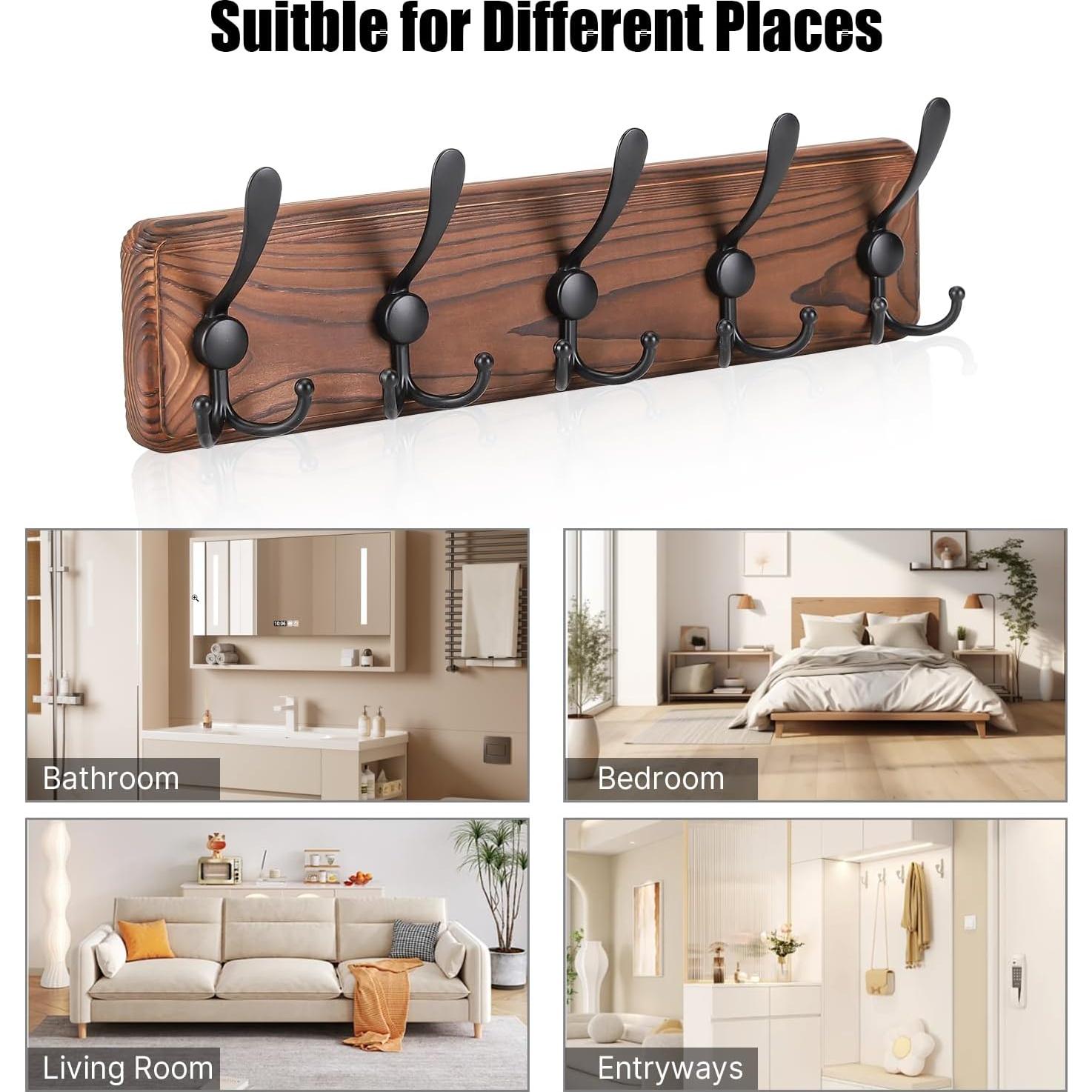 Perchero de pared rústico Gohiuo con 5 ganchos triples