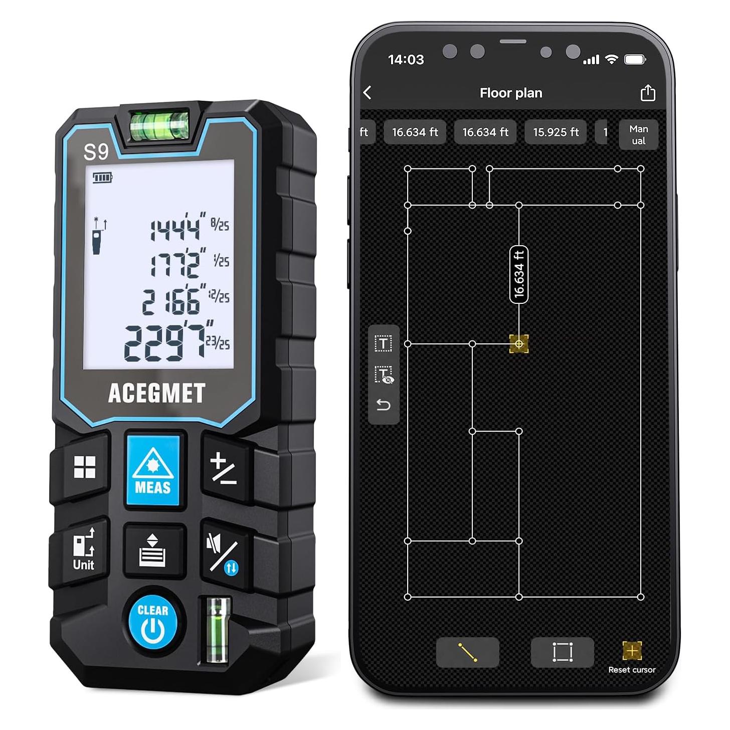 Medidor Láser ACEGMET S9 70m Bluetooth Pantalla LCD