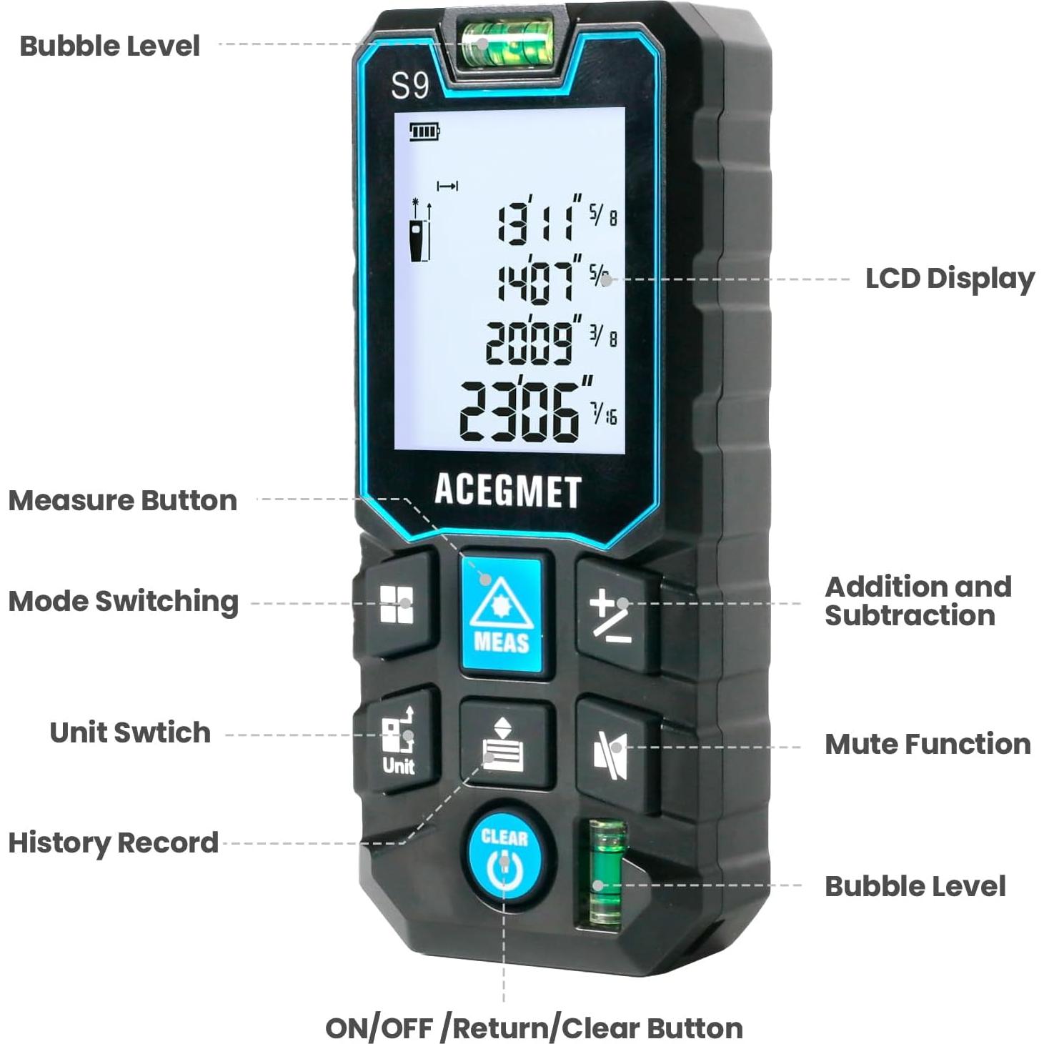 Medidor Láser ACEGMET S9 70m Bluetooth Pantalla LCD