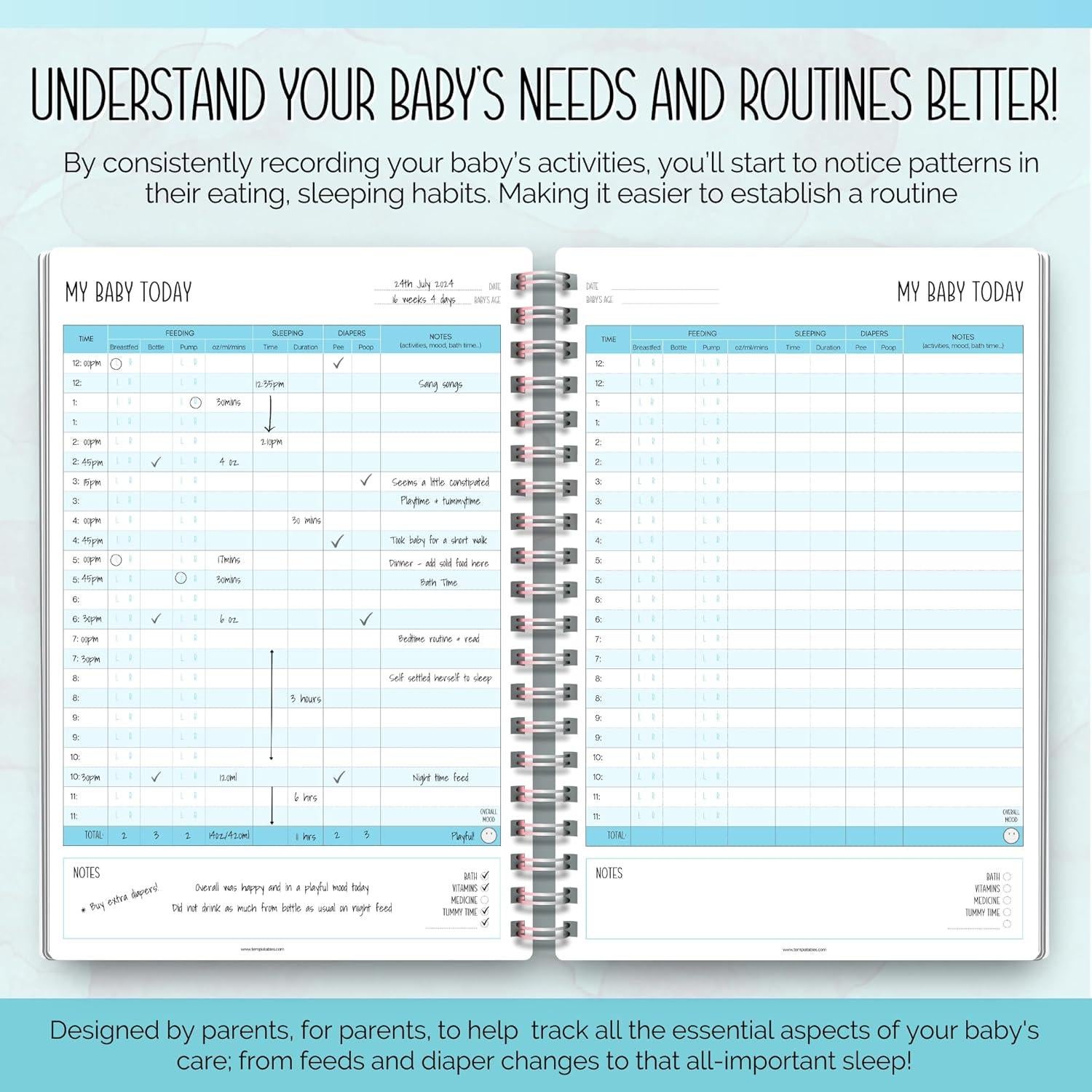 Registro Diario del Bebé Templatables A5 Azul - Sueño y Alimentación