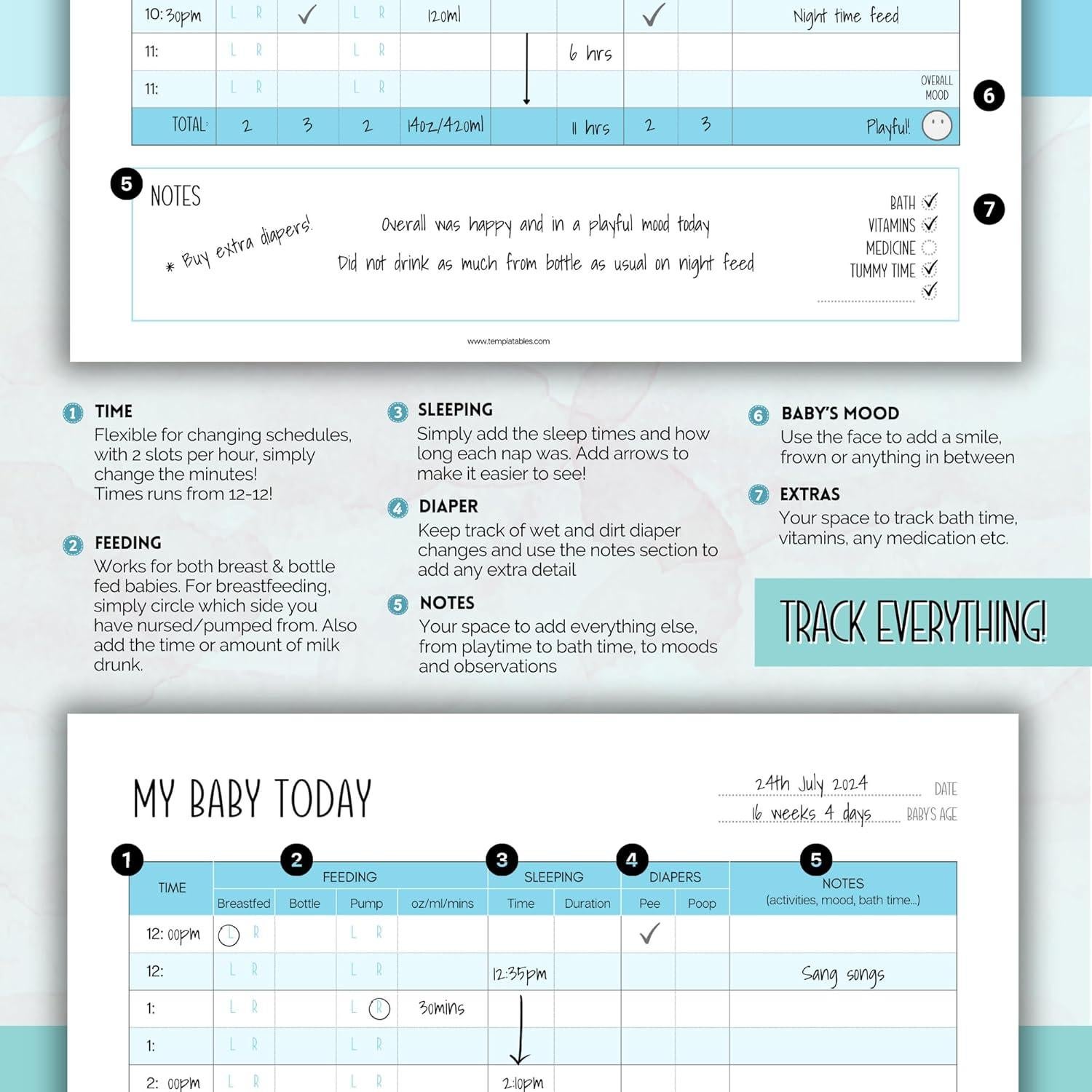 Registro Diario del Bebé Templatables A5 Azul - Sueño y Alimentación