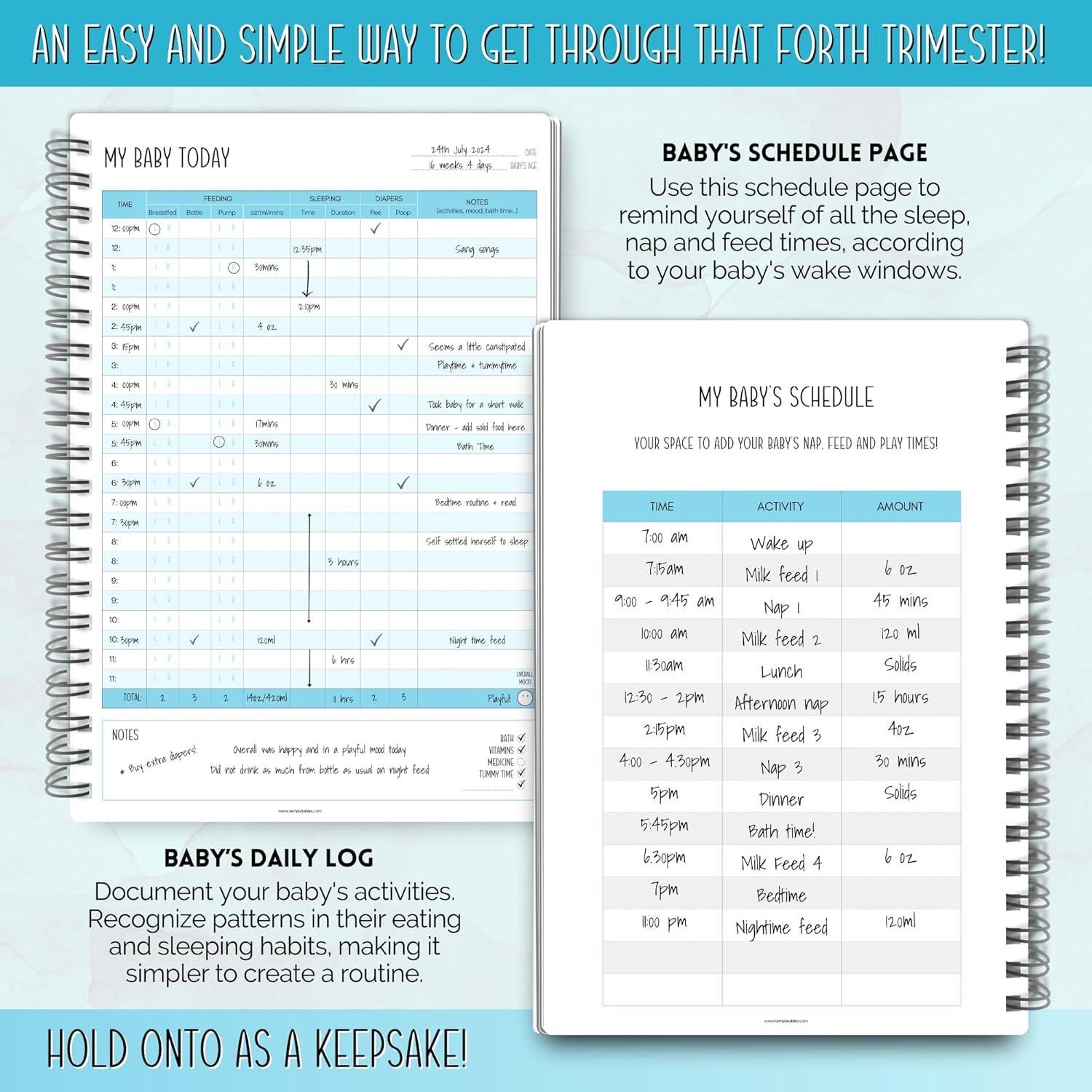 Registro Diario del Bebé Templatables A5 Azul - Sueño y Alimentación