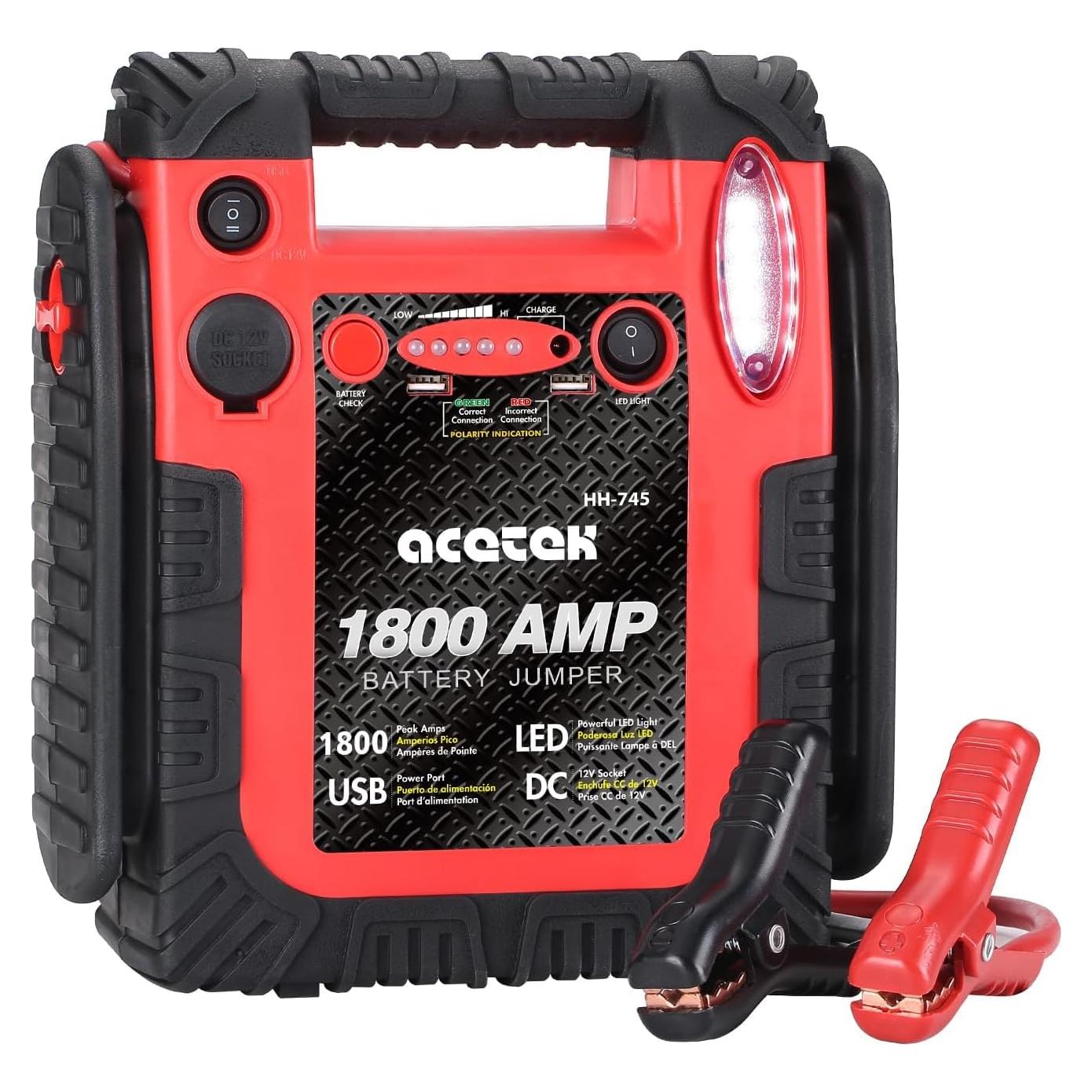 Arrancador de Coche Acetek HH745 1800A 20000mAh con Luz LED