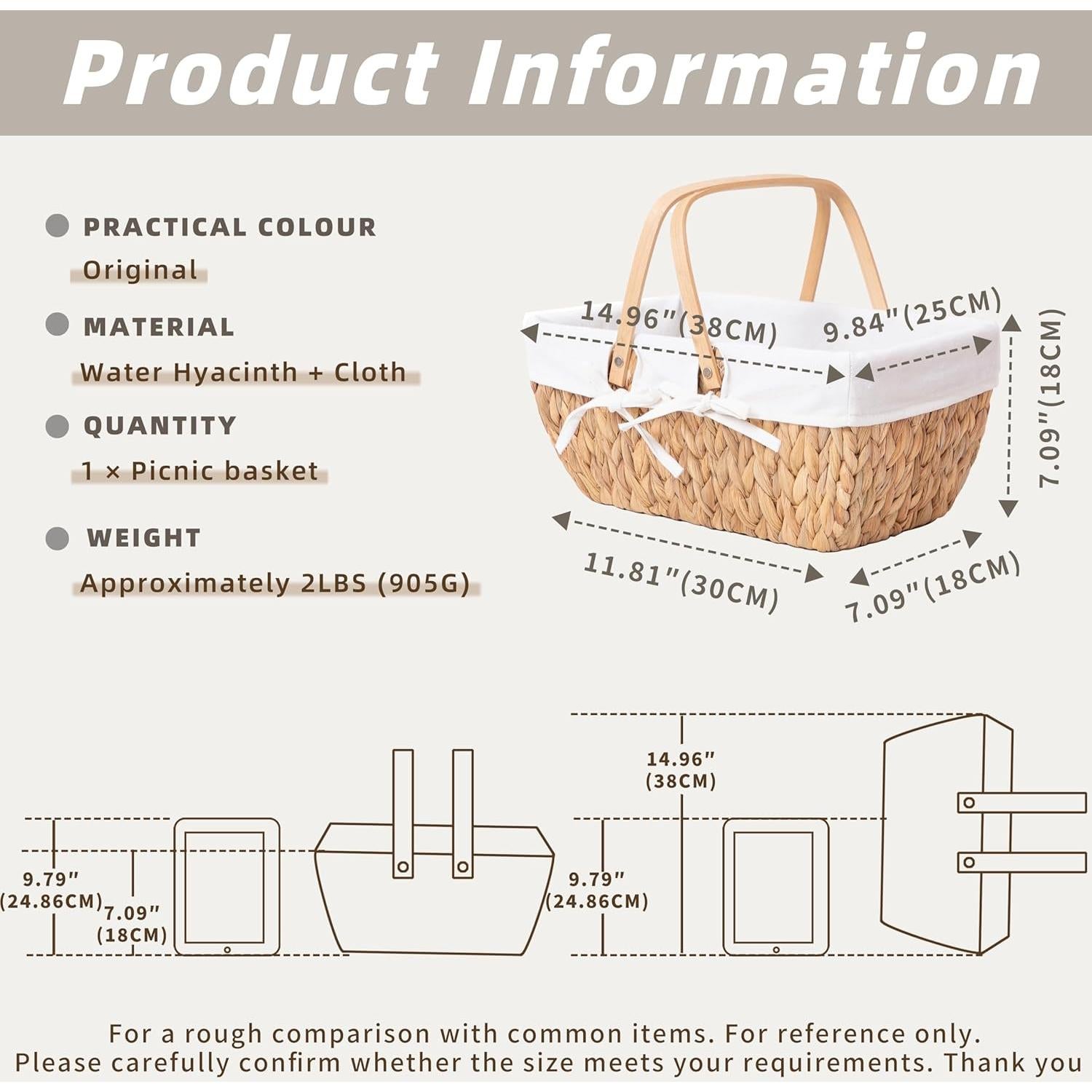 Cesta de Picnic GYASVWU de Jacinto de Agua 38x25x18cm