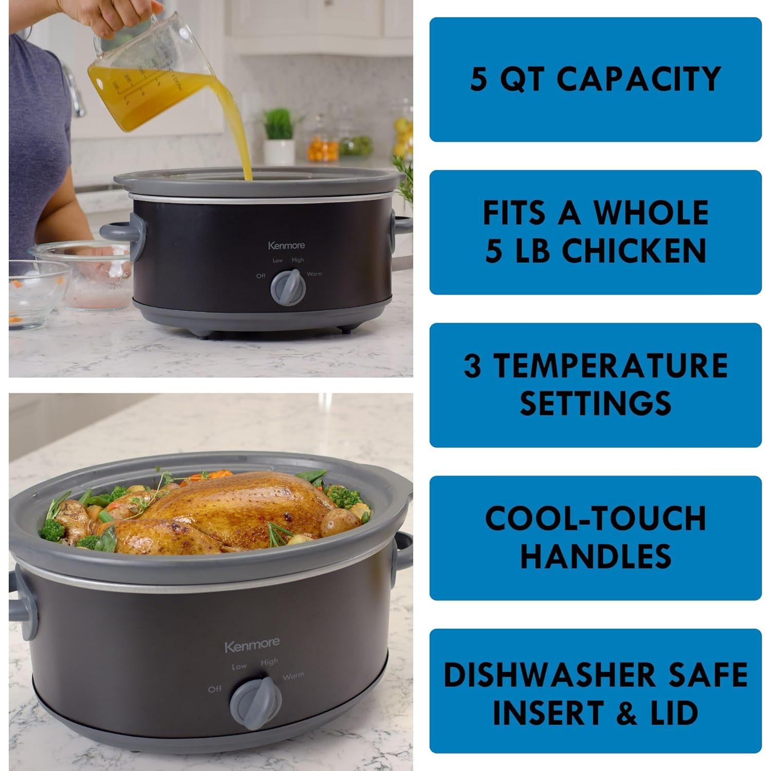 Olla de Cocción Lenta Kenmore 5 Cuartos Negra y Gris